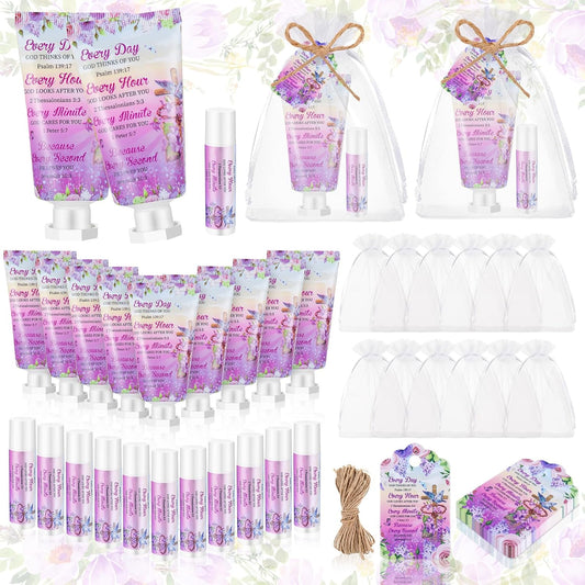 24 Sets Christian Hand Cream and Lip Balm Gift Set Christmas Christian Gift for Women Travel Size Hand Lotion Bible Verse Lip Balm Bulk for Baby Bridal Shower Mom Holiday Gift(Cross)