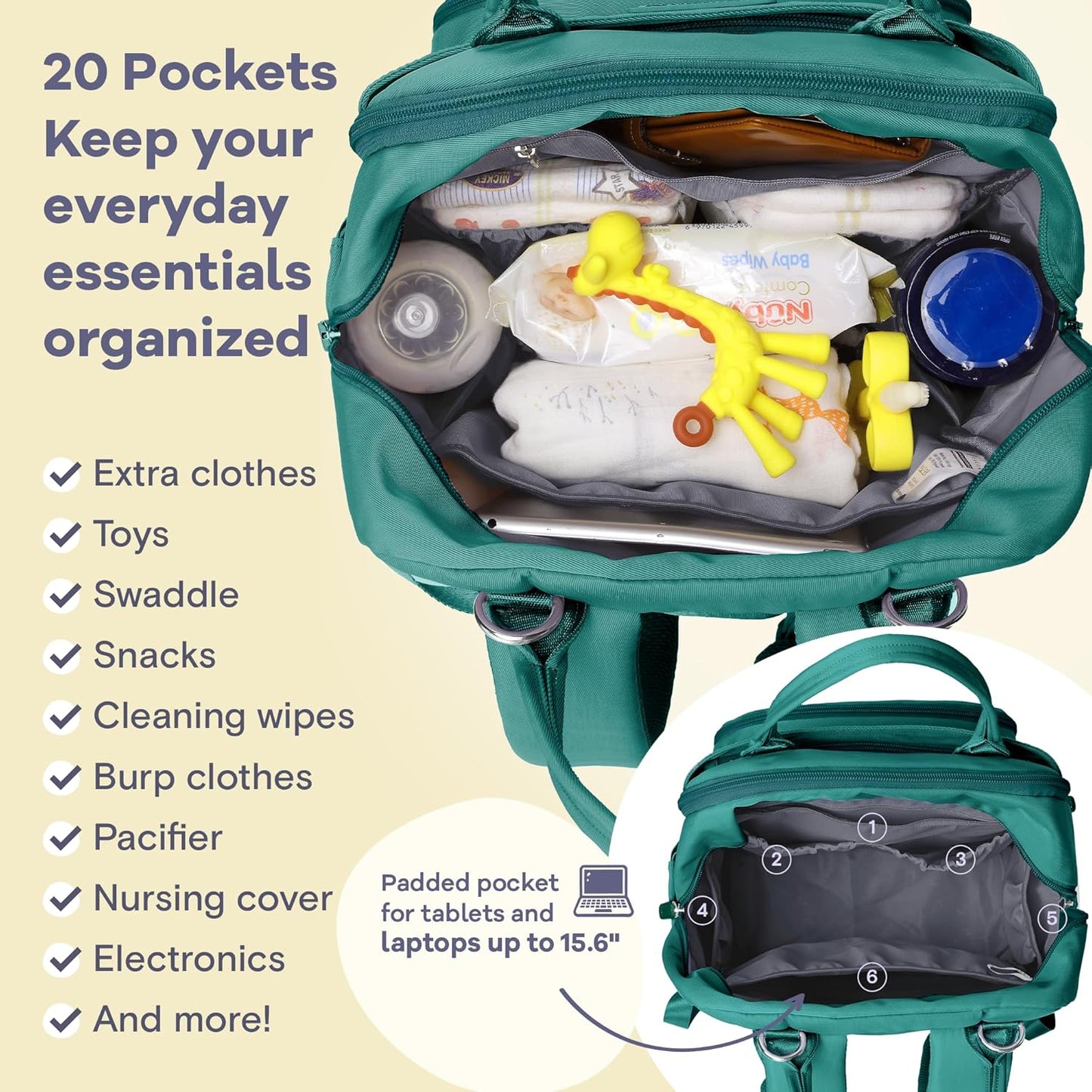 RUVALINO Diaper Bag Backpack-Multifunction Baby Travel Bag with Changing Pad, Insulated Bottle Holders & Pacifier Case, Large Capacity, Waterproof, Turquoise