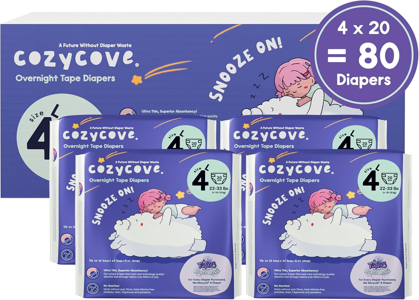 Cozycove Size 4 Diapers, Snooze On Slim Overnight Tape Diapers, Size 4 (22-33 lbs), 80 Count (4 Packs of 20)