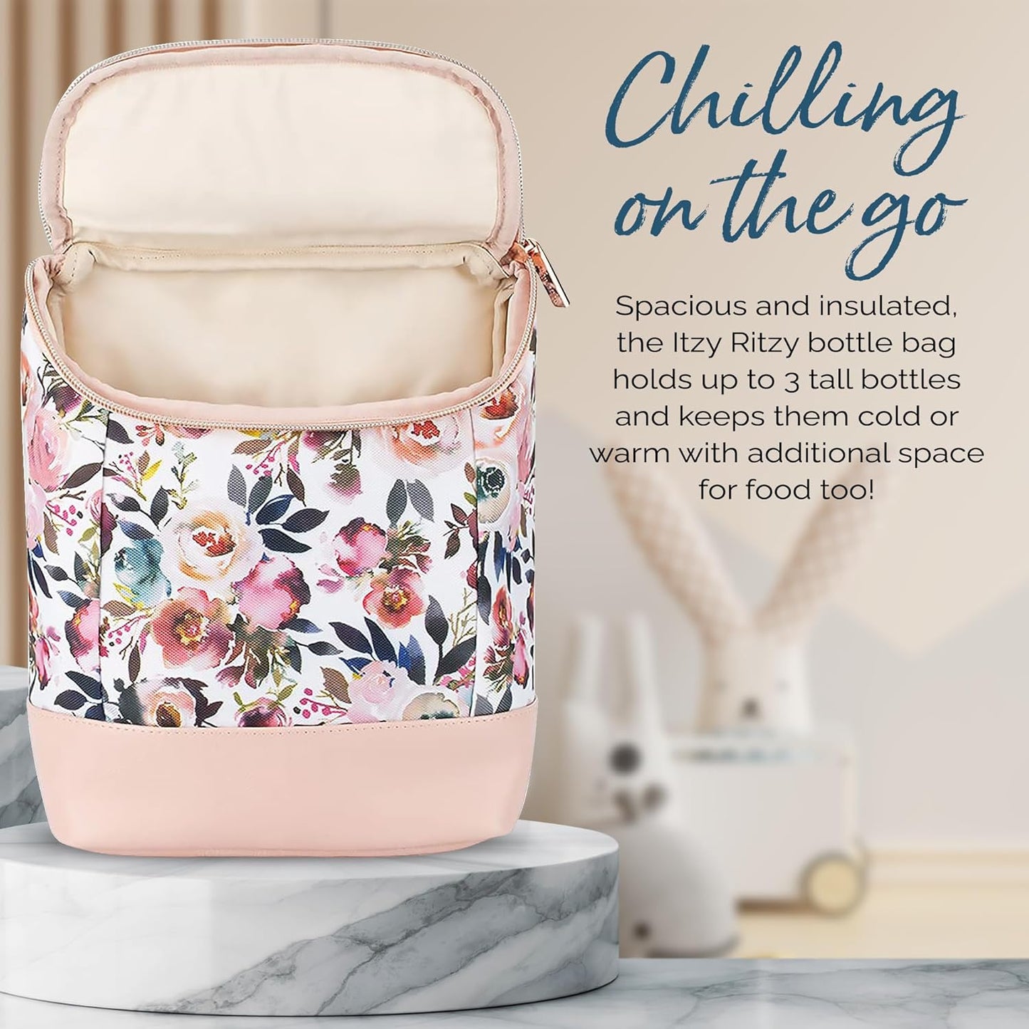 Itzy Ritzy Insulated Bottle Bag – Keeps Bottles Warm or Cool - Holds 3 Bottles & Features Interior Pocket for Ice Pack (Not Included), Blush Floral