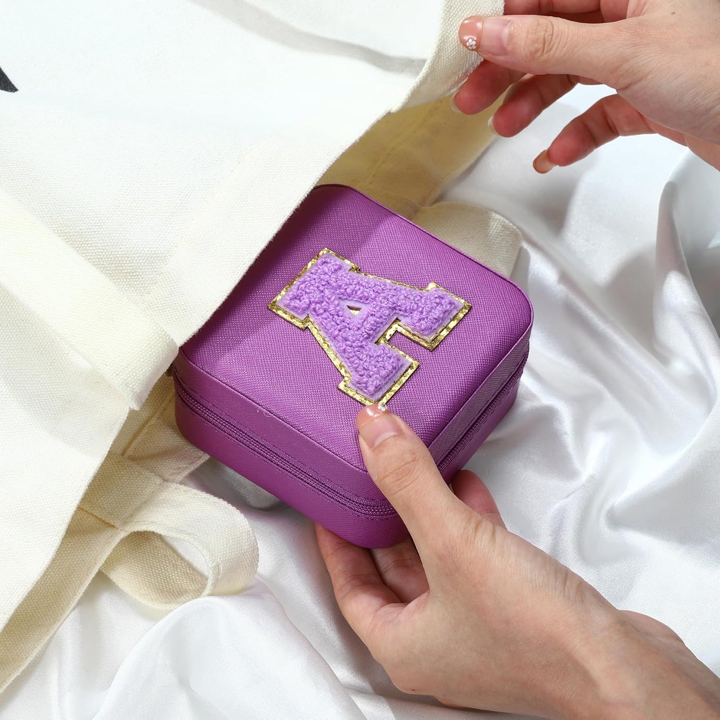 Parima Initial Jewelry Box for Women Girls, Purple Jewelry Travel Case | Chenille Letter Patches Jewelry Box | Multifunctional Personalized Travel Jewelry Case | Birthday Gifts - Letter D, Purple