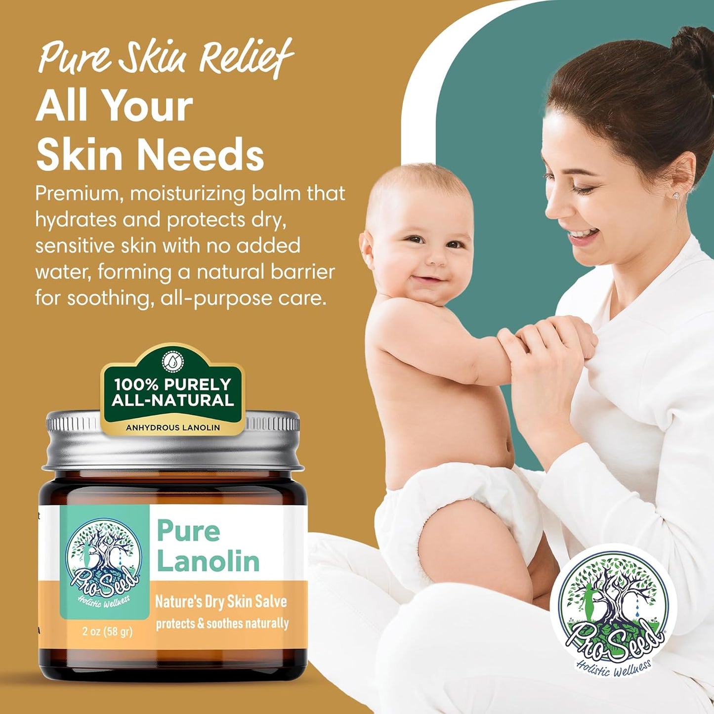 ProSeed Handmade Pure Lanolin Balm – US Pharmacopeia Grade for Moms, Babies & Skin Essentials – Single Ingredient Moisturizer for Dry, Sensitive Skin – Glass Jar, 2oz