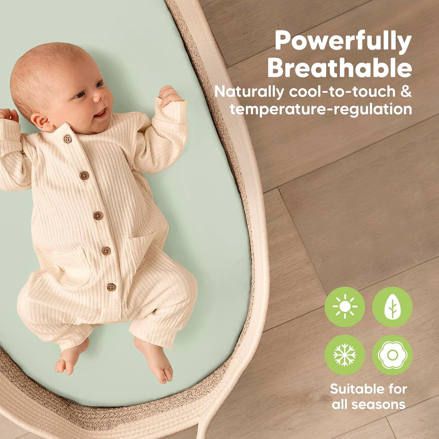 2-Pack Baby Bassinet Sheets Girl, Boy - 33x17 Viscose Derived from Bamboo Bedside Mattress Fitted Bassinet Sheets, Compatible with Halo Bassinest Swivel Sleeper, Baby Delight, Graco (Sage)