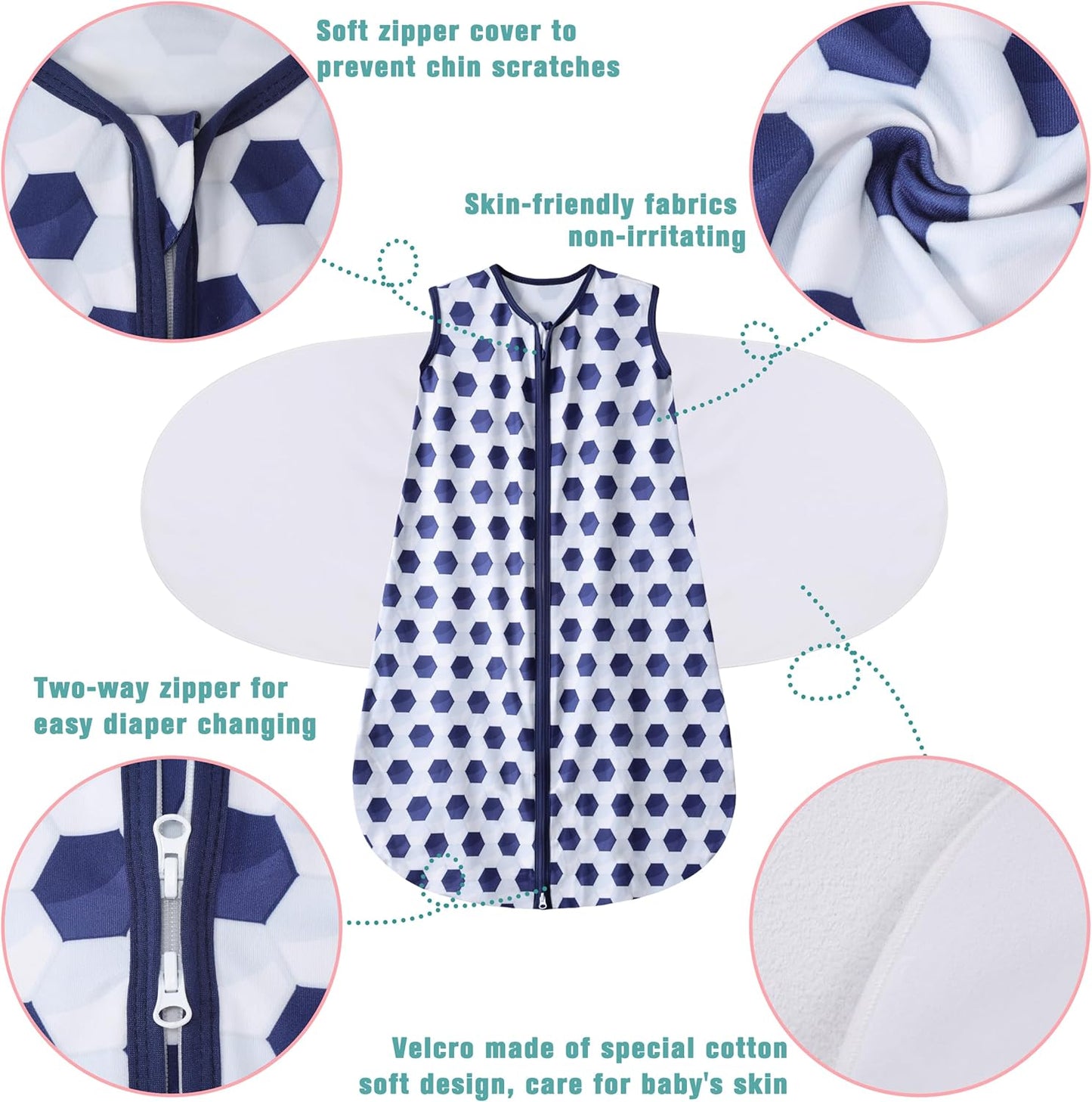 Newborn Sleep Sack Baby Swaddle,3-Way Adjustable Wearable Blanket,100% Rayon Cotton Swaddling Sleeping Bag，TOG 0.5 (Soccer & Triangles, 0-3 Months)