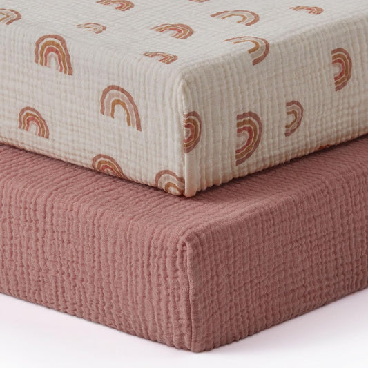 Blissful Diary Muslin Crib Sheets for Girl Boy, Boho Neutral Soft Cotton Baby Sheet for 52''x28'' Standard Crib Mattress, 2 Pack(Dusty Pink&Rainbow)