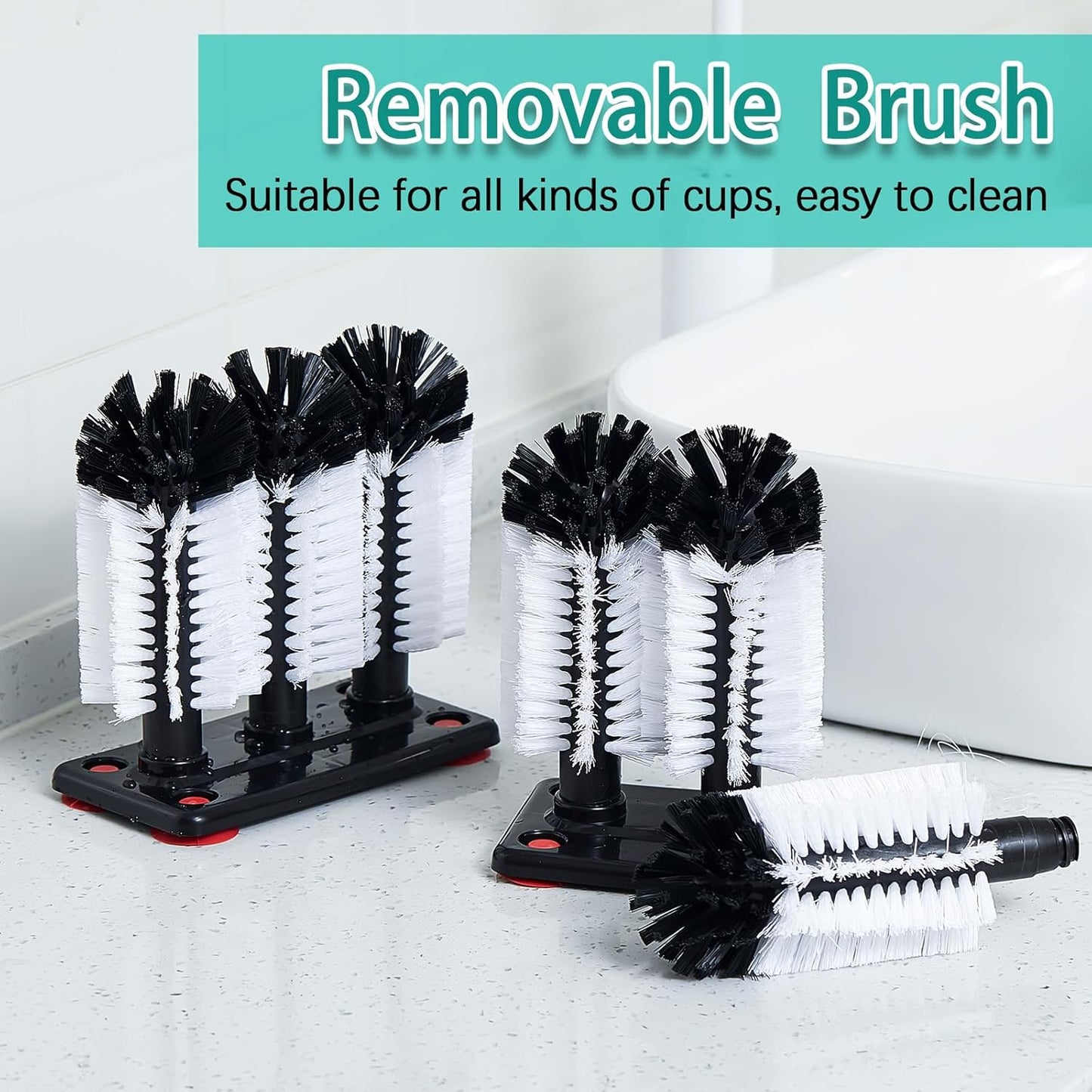 Havawish 2 Pack Water Bottle Cleaning Brush with Suction Base, 3 Head Bristle Bar Glass Washer for Sink, Cup Washer Brush Cleaner for Bar Beer Cup, Wine Glass(7.28 x 3.74 x 7.48, 10.4 x 7.4)