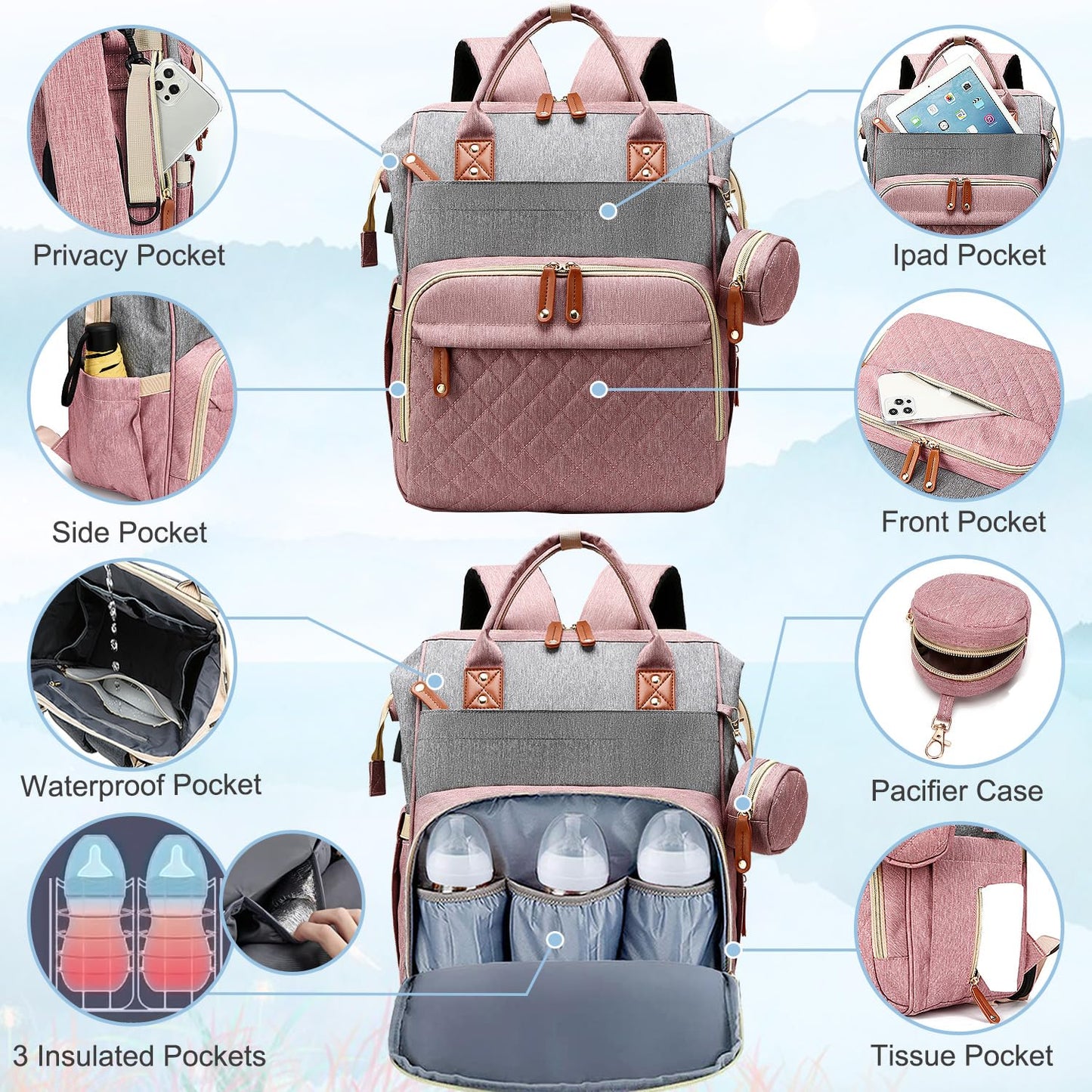 Diaper Bag Backpack Baby Bag, Baby Girl Boy Diaper Bag for Dad Mom with Pad, 16 Pockets, Pacifier Case, Large Diaper Bags Unisex for Travel(Pink Grey)