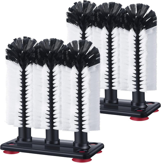 Havawish 2 Pack Water Bottle Cleaning Brush with Suction Base, 3 Head Bristle Bar Glass Washer for Sink, Cup Washer Brush Cleaner for Bar Beer Cup, Wine Glass (7.3 x 3.7 x 10.4)