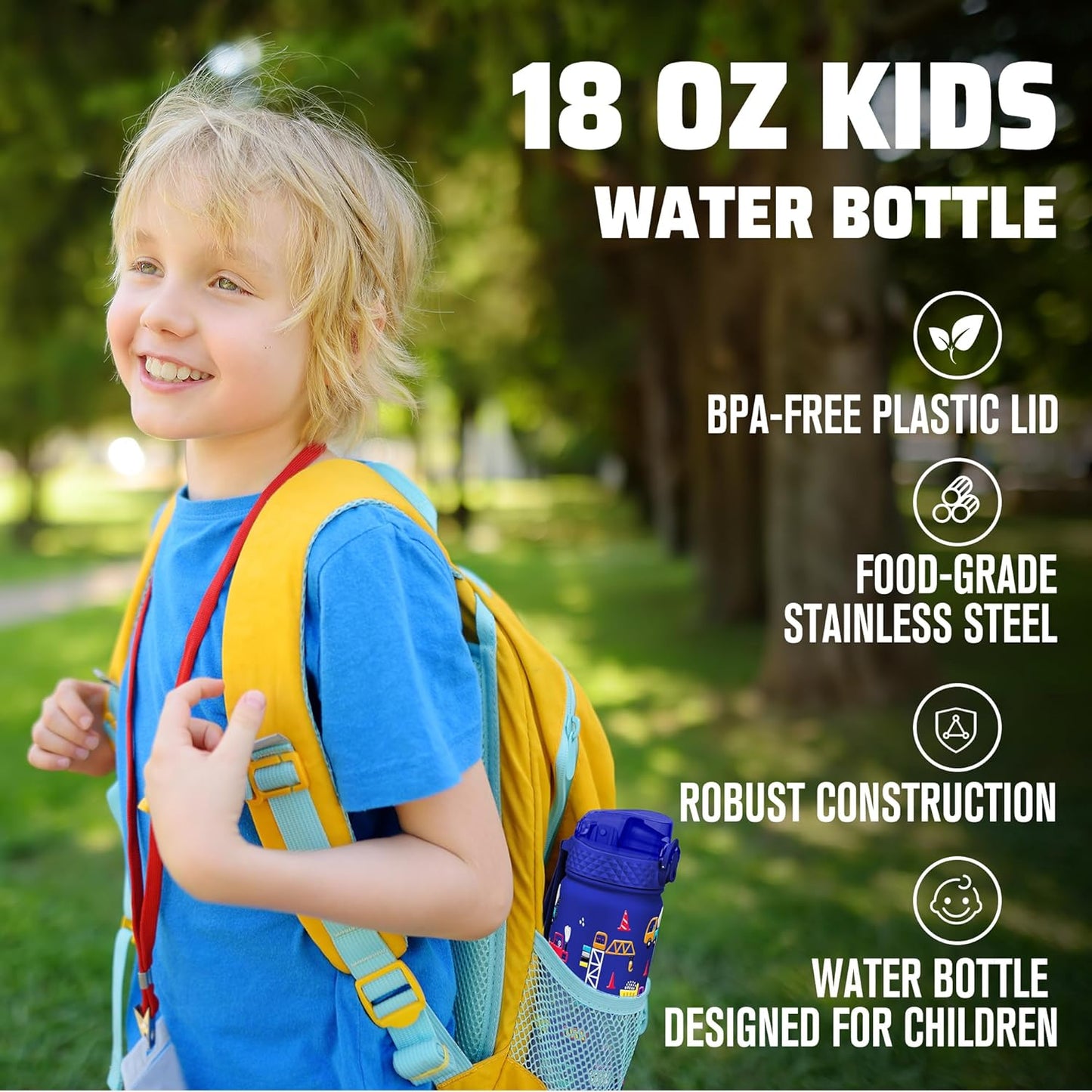 Kids Water Bottle, GOPPUS 18 oz Insulated Water Bottle with Straw, Double Vacuum Leakproof, BPA Free, for Boys and Girls, Blue Construction Truck
