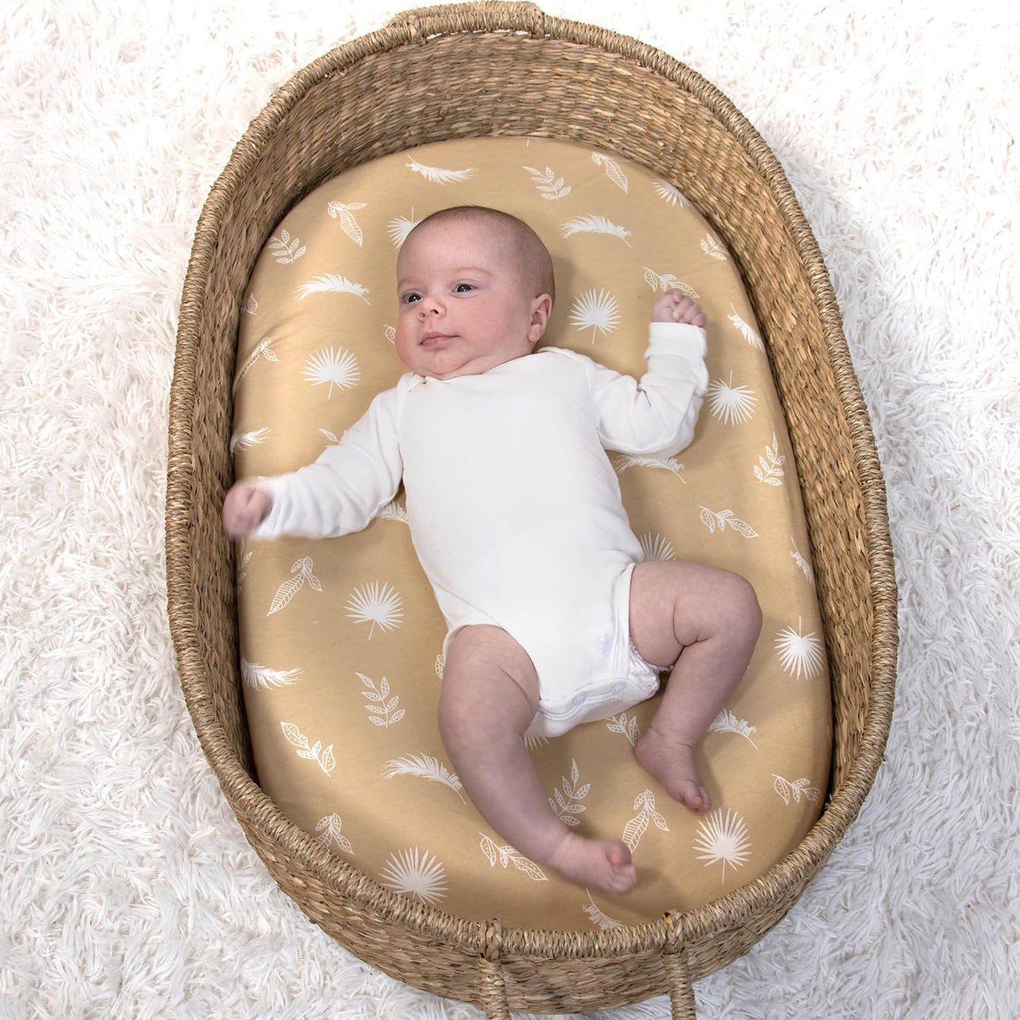 The Peanutshell Baby Organic Bassinet Sheets 4-Pack Boy or Girl - Ultra Soft & Rectangle Baby Sheet, 100% Jersey Cotton, Fitted Covers for Crib, Halo Bassinet Mattress - Caramel Safari