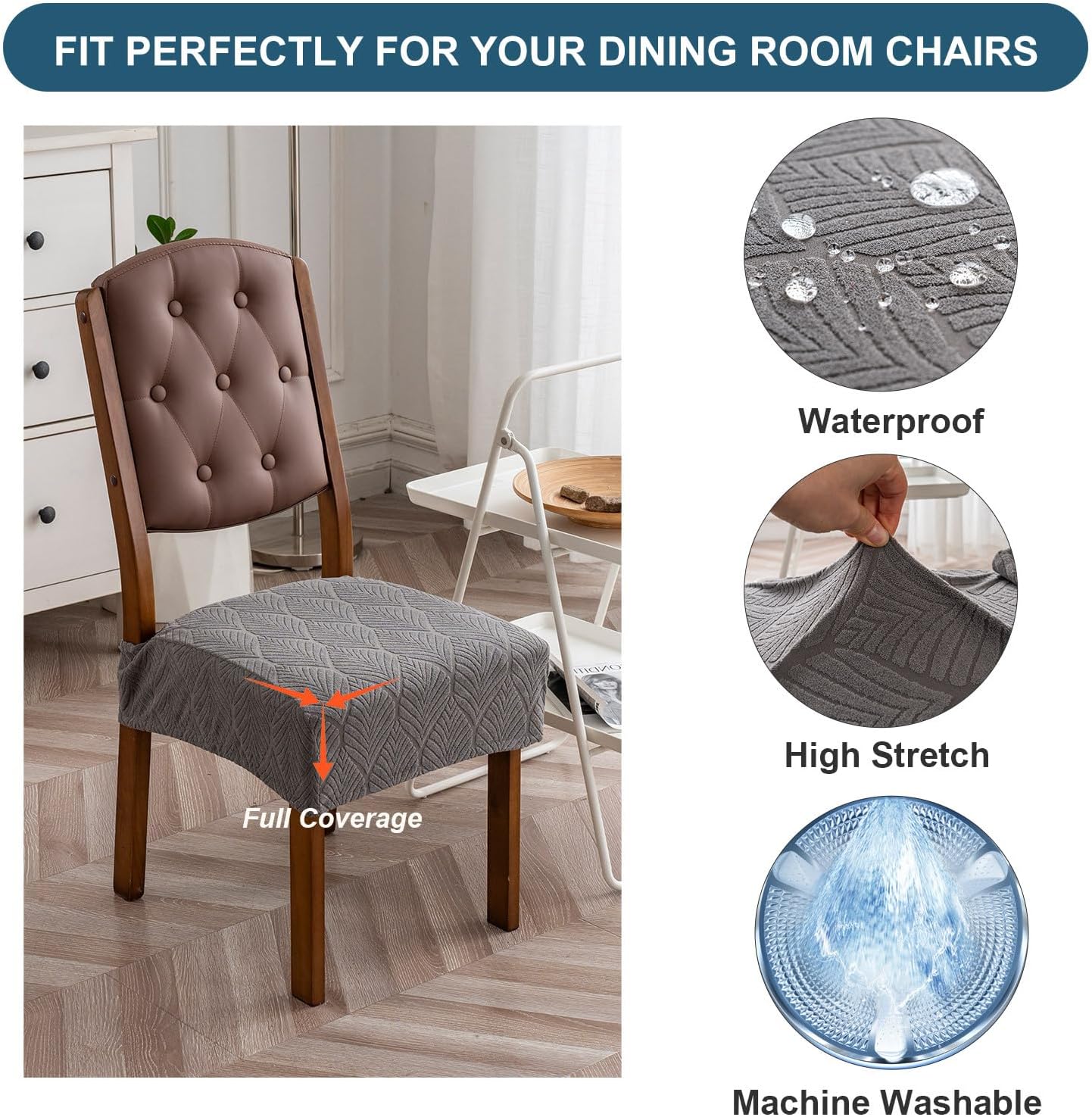 Removable Washable Dining Chair Seat Covers Set of 2,Stretch Jacquard Chair Seat Cushion Protector Slipcovers, Rear Covers