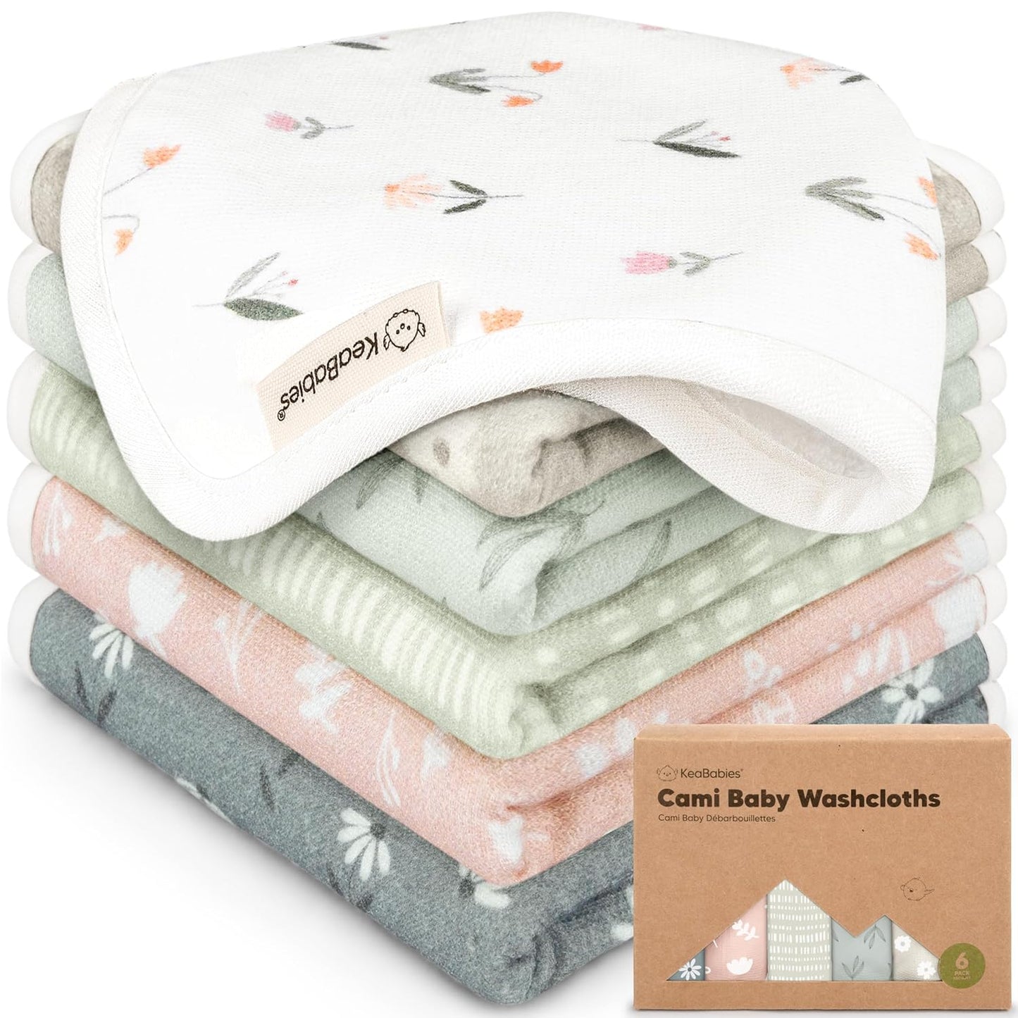 6-Pack Cotton Baby Washcloths for Newborn - Organic Cotton Muslin Soft Wash Cloths for Babies, Infant, Kids, Toddler Towels for Boy, Girl, Super Absorbent Face Cloths, Scratch-Free Baby Rags (Fleur)