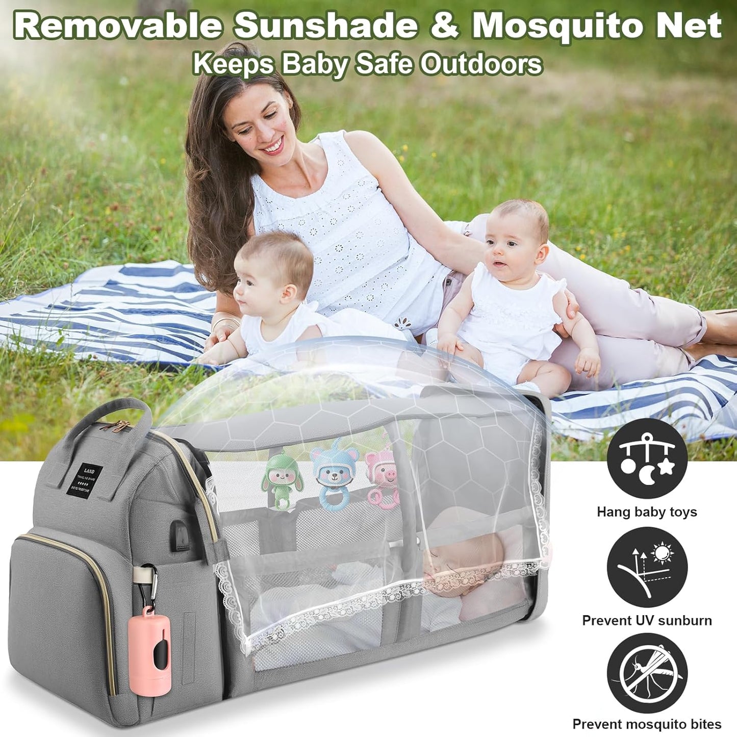 juman Diaper Bag Backpack, Large Diaper Bag with Changing Station, Baby Bag with USB Charging Port, 3 Rolls of Waste Bags with Dispenser, Waterproof Diaper Bags for Boys & Girls, Baby Shower Gifts