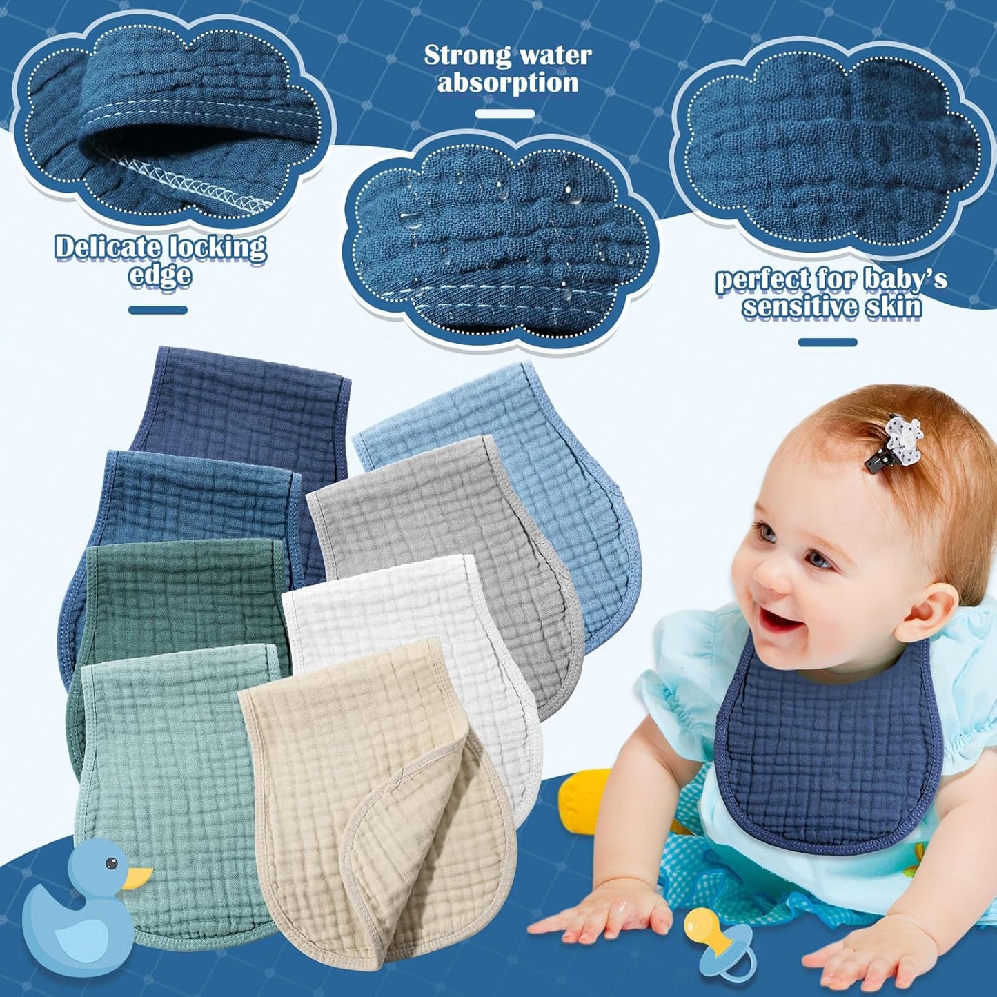Frienda 8 Pieces Muslin Burp Cloths for Baby Cotton Burp Cloth 10 x 20 Inches Multi Colors Muslin Washcloths Diapers 4 Absorbent Layers Newborn Face Towels for Baby Boy Girl Unisex (Cool Colors)