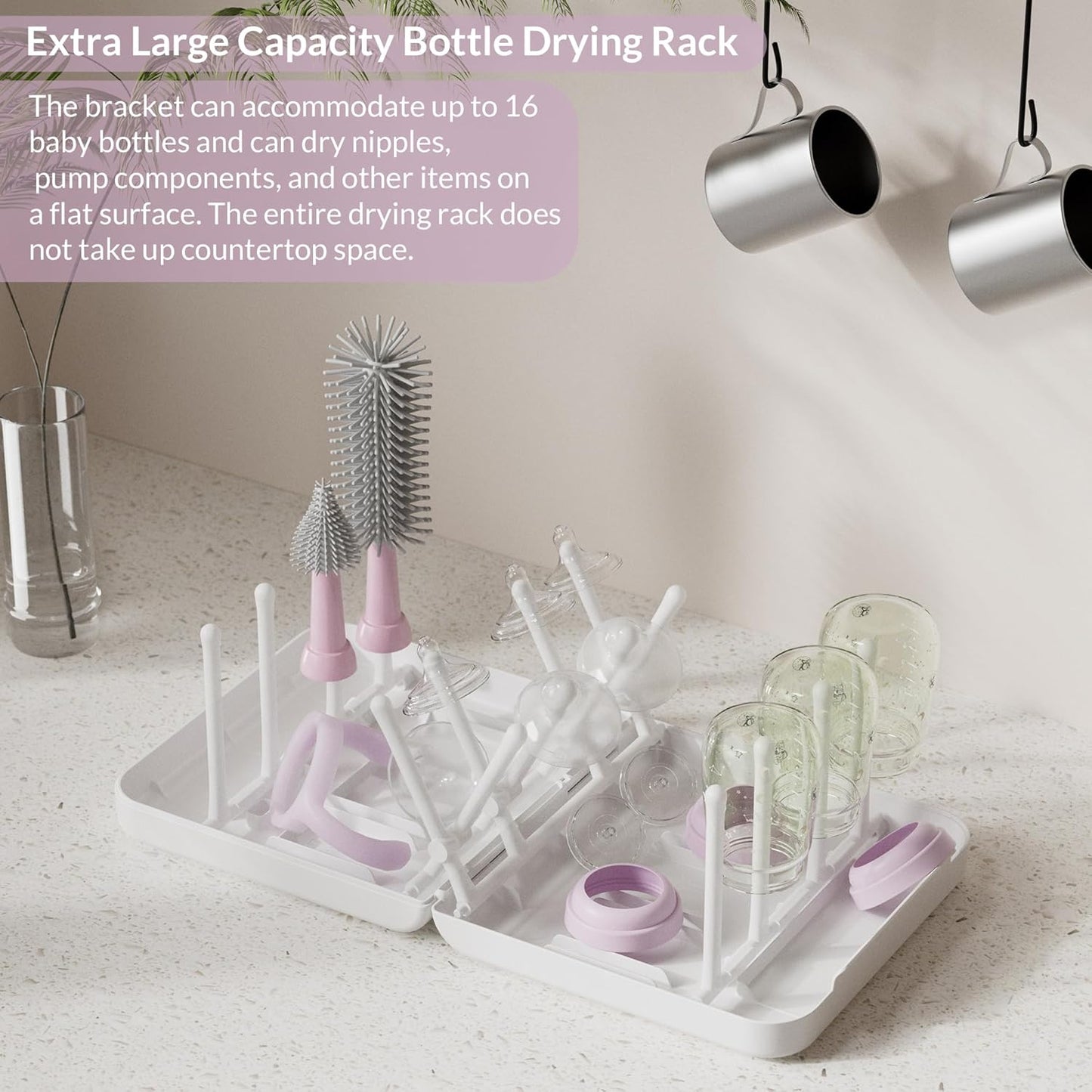 Portable Baby Bottle Brush Set with Multiple Brushes,Soap Dispenser, Foldable Bottle Drying Rack for 16 Bottles, Bottle Cleaner Brush Set for Bottles and Baby Accessories, Baby Travel Essential