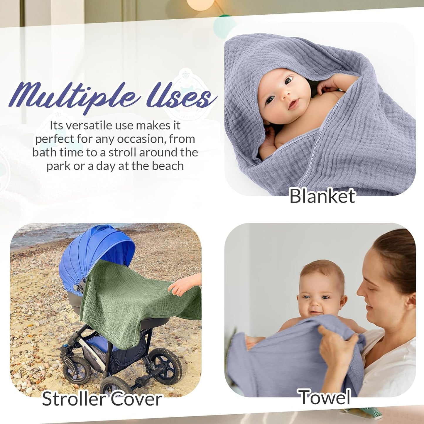 6 Pcs Muslin Hooded Bath Towels Washcloths and Bibs Set, Muslin Cotton Baby Towels Absorbent Hooded Blanket Towel Infant Bibs for Boys Girls Newborn Infant Essentials(Light Blue, Light Green)