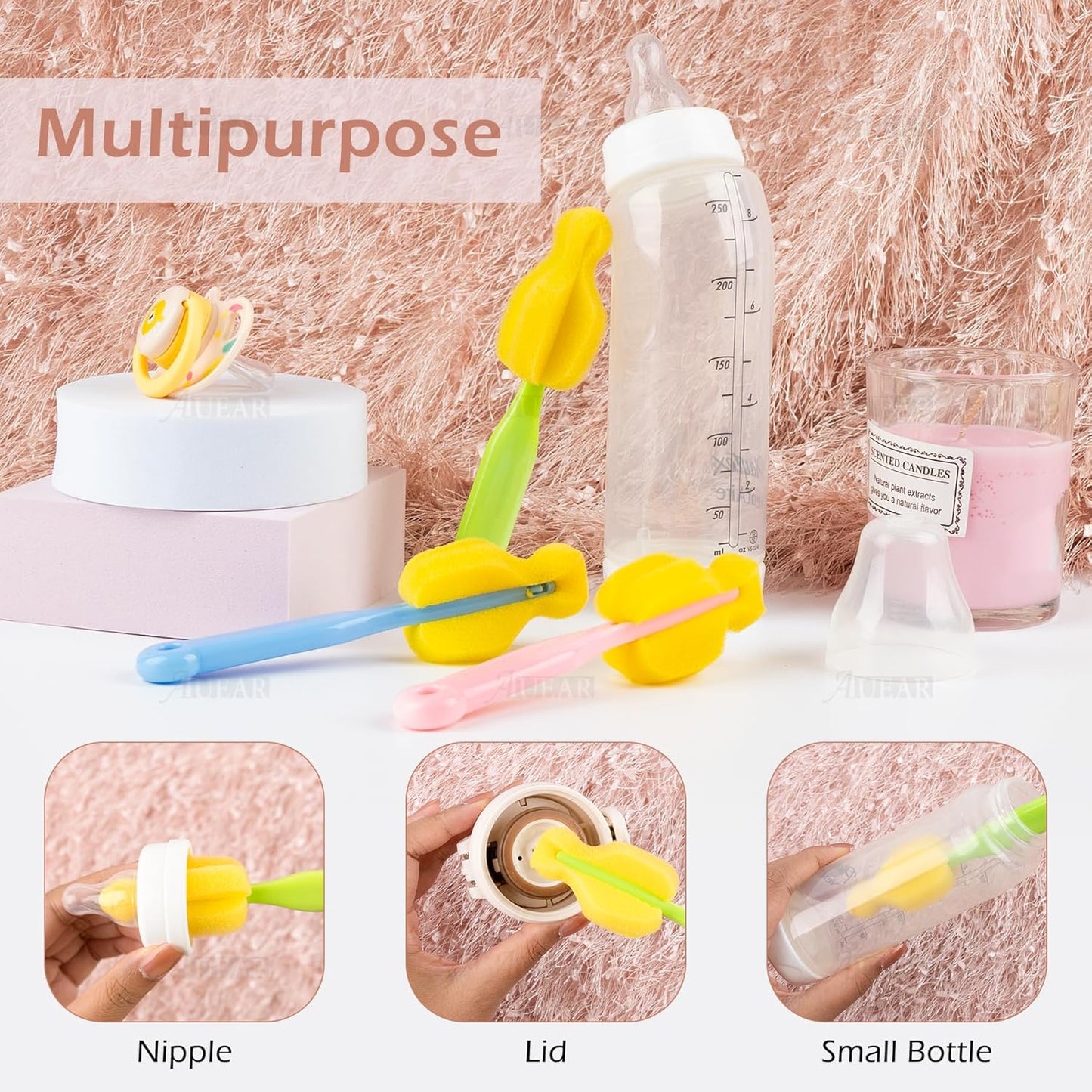 AUEAR, Milk Bottle Nipple Brushes Pacifier Sponge Cleaning Small Brush Cleaner Set for Bottles and Accessories (8 Pcs)