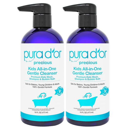 PURA D'OR Kids Wash (16oz x 2 = 32oz) All-in-One Gentle Cleanser - USDA Biobased, Sulfate-Free, Tear-Less, Hypoallergenic, Premium, Shampoo & Bubble Bath