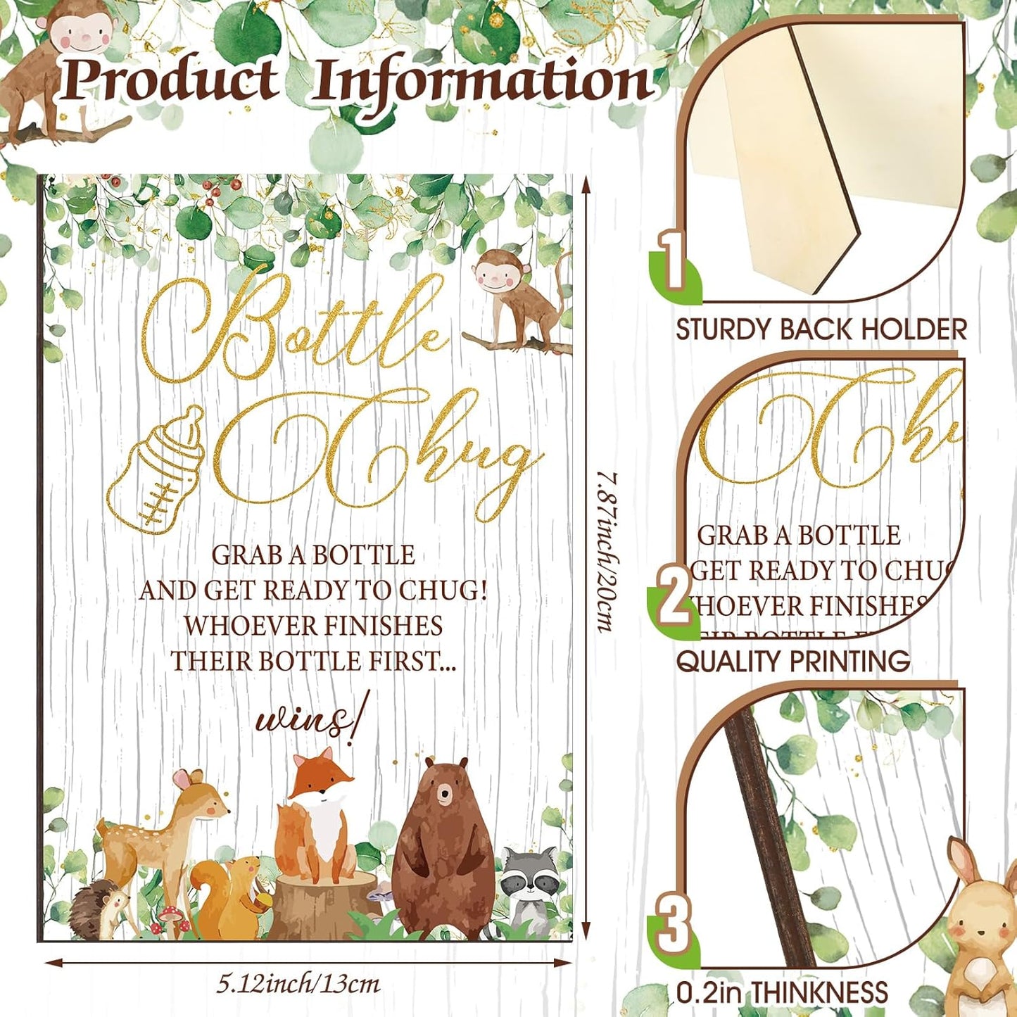 TrelaCo Woodland Animal Cool Baby Shower Games Bottle Chug Sign Wooden Woodland Gift Sets Gender Reveal Party Favors and 12 Pcs Baby Bottle Shower Favor for Gender Reveal