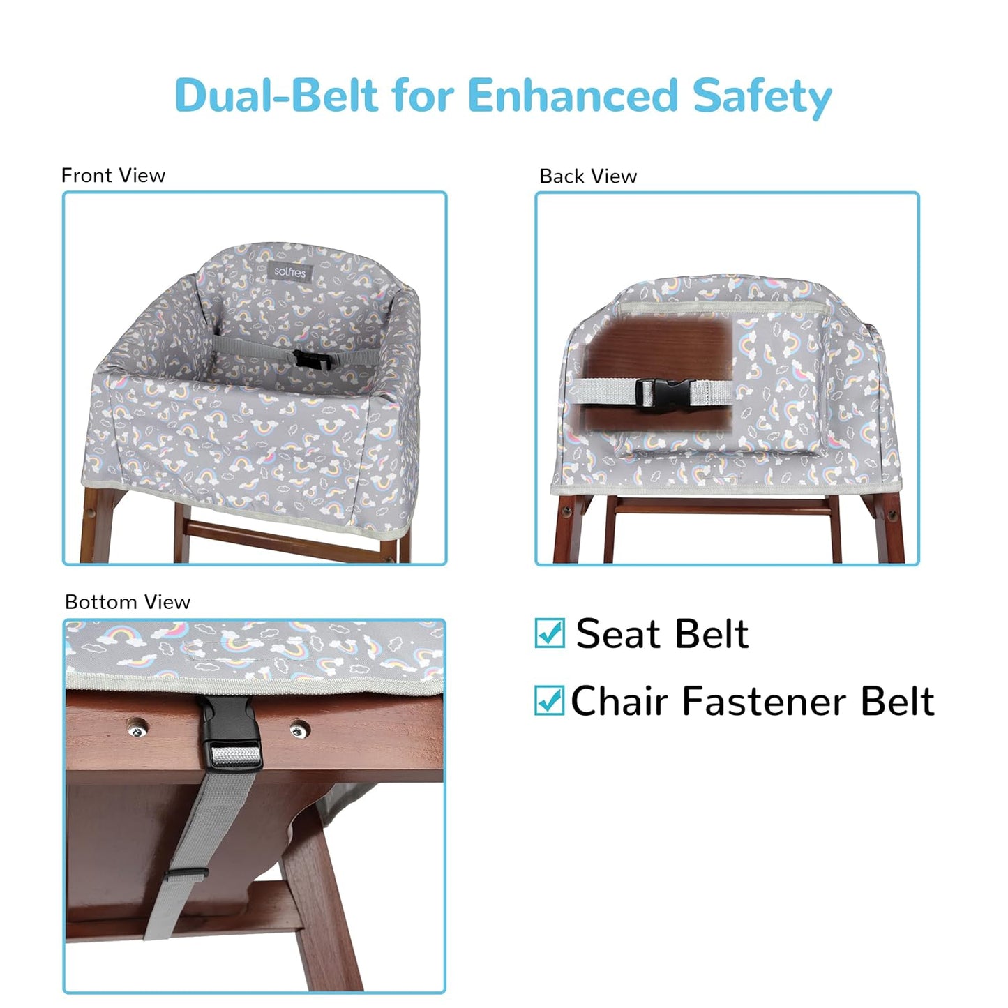 Dual-Belt Baby High Chair Cover, Upgrade Version, for Wooden or Restaurant High Chair, Sturdy and Robust Material, Waterproof Washable Stain and Slip Resistant, Gray Rainbow