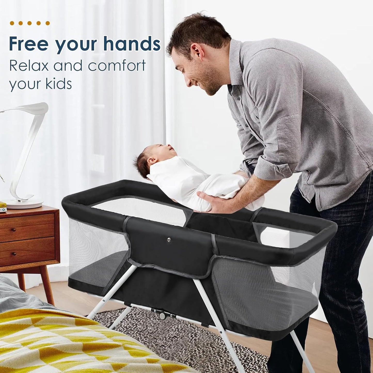 Portable Baby Playard - Foldable Baby Bassinet, Lightweight Playpen with Mosquito Net, 42.5 x 40.2 x 20.8 inches, Black
