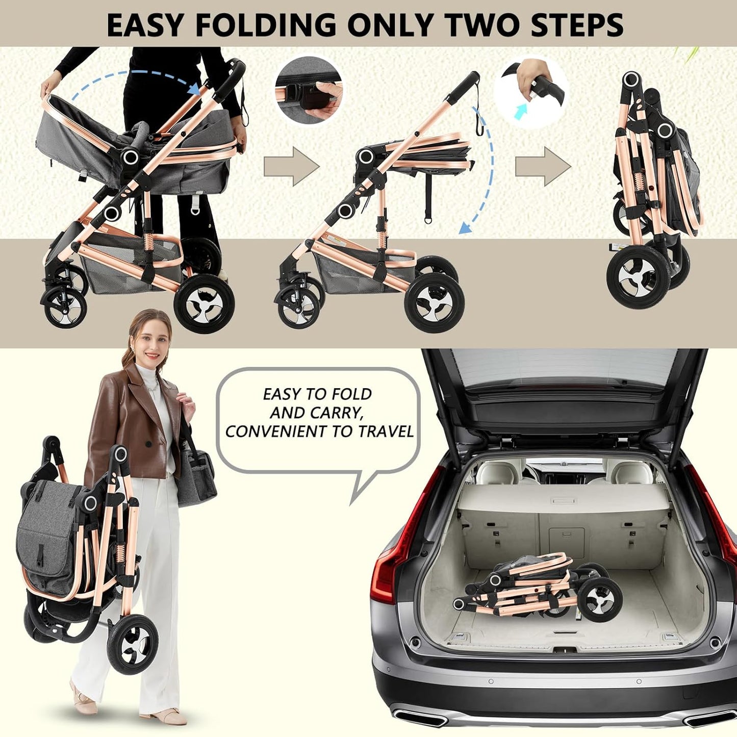 Kinder King 2 in 1 Convertible Baby Stroller, Folding High Landscape Infant Carriage, Newborn Reversible Pram, Adjustable Canopy, Diaper Bag, Anti-Shock Toddler Pushchair Stroller, Gold
