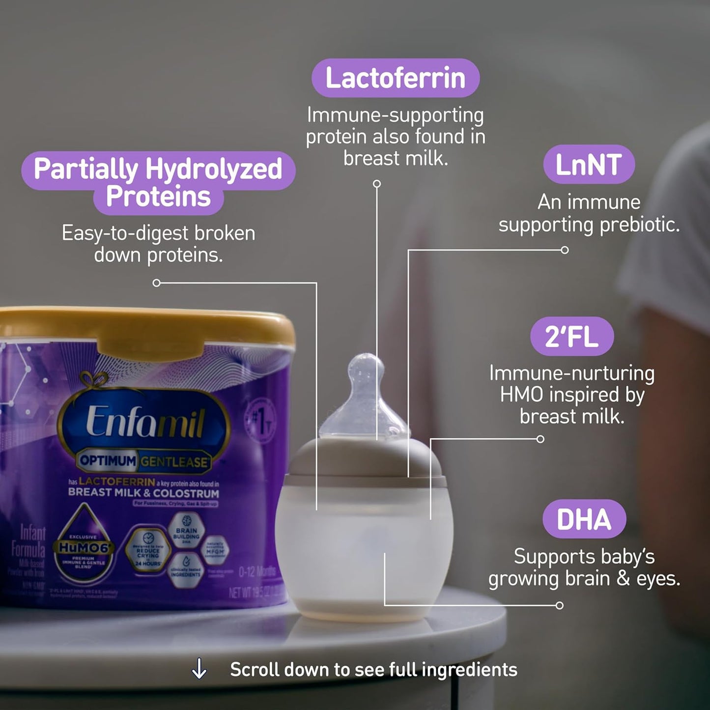 Enfamil Optimum (Enspire) Gentlease, Our Closest Formula to Breast Milk, Immune-Supporting Lactoferrin and Brain-Supporting DHA Baby Formula - Powder 19.5 Oz Tub