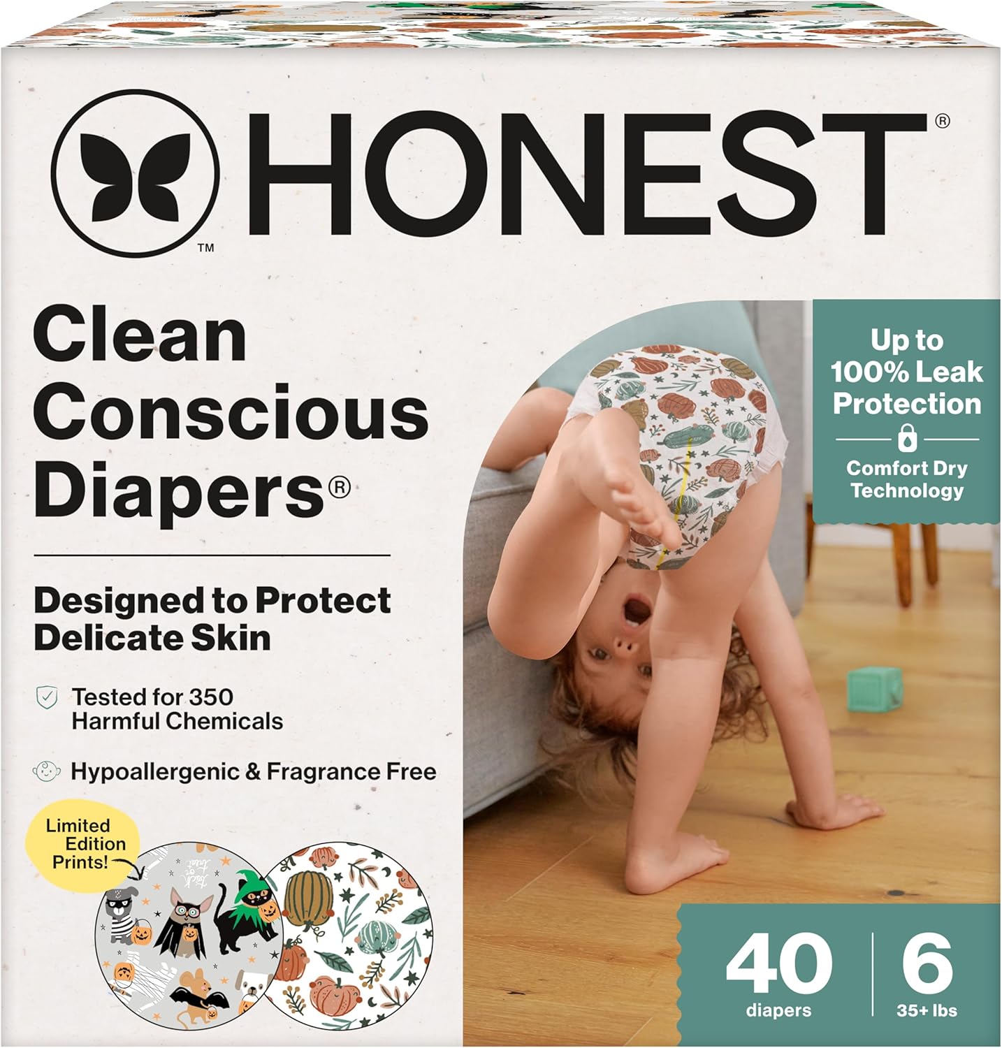 The Honest Company Clean Conscious Diapers for Delicate Skin | Up to 100% Leakproof | Hypoallergenic, Fragrance Free | Fall '25 Limited Edition Prints | Club Box, Size 6 (35+ lbs), 40 Count