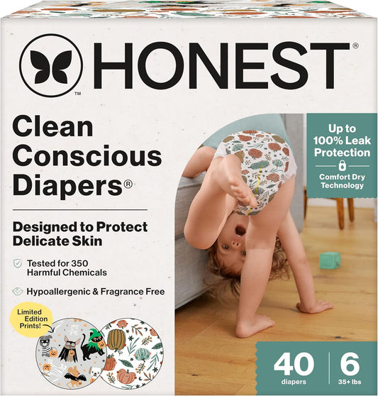The Honest Company Clean Conscious Diapers for Delicate Skin | Up to 100% Leakproof | Hypoallergenic, Fragrance Free | Fall '25 Limited Edition Prints | Club Box, Size 6 (35+ lbs), 40 Count