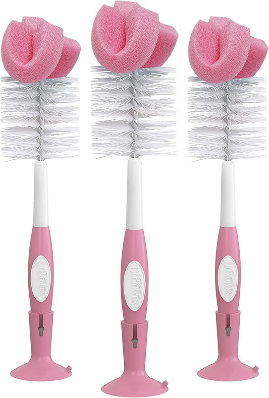 Dr. Brown's Reusable Sponge Baby Bottle Cleaning Brush Set with Suction Cup Stand, Scrubber and Nipple Cleaner, Pink, 3 Pack