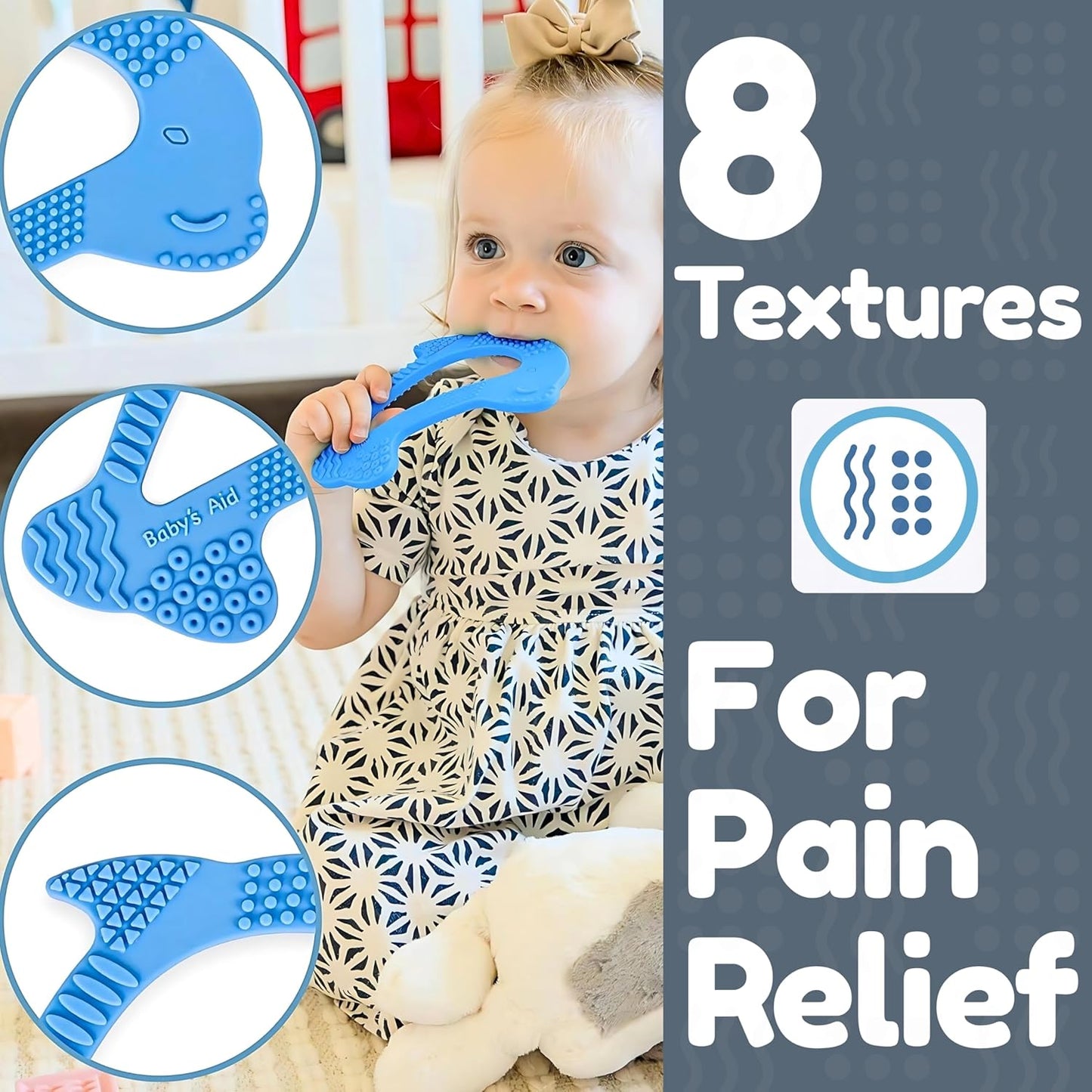 Silicone Baby Teether - Dolphin | 8 Teething Relief Textures, 100% Food-Grade, Easy to Hold & BPA Free Silicone Teethers for Babies, Baby Teething Toys, Soft Chew Toy for Babies Ages 3M+ - Baby’s Aid