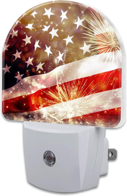 America Flag with Fireworks Night Light Plug into Wall,Vintage The USA Flag Patriotic Dusk to Dawn Night Light,0.5w Energy Saving Sleep Friendly Nightlights for Kids Boys Girls Home