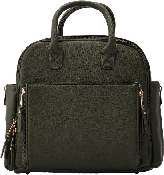 Ayla & Co Mini Bag, Transitional Minimal Diaper Bag, Vegan Leather, with Expandable Pockets, Built-In Wallet, Organizer