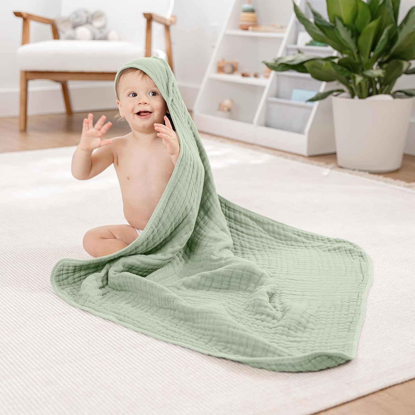 Comfy Cubs Hooded Baby Towel 2-Pack, Large 32 x 32 Inch - 6 Layer 100% Muslin Cotton for Babies, Toddlers and Kids - Soft & Absorbent Baby Bath Towels - Unisex Design for Bath Time - Sage