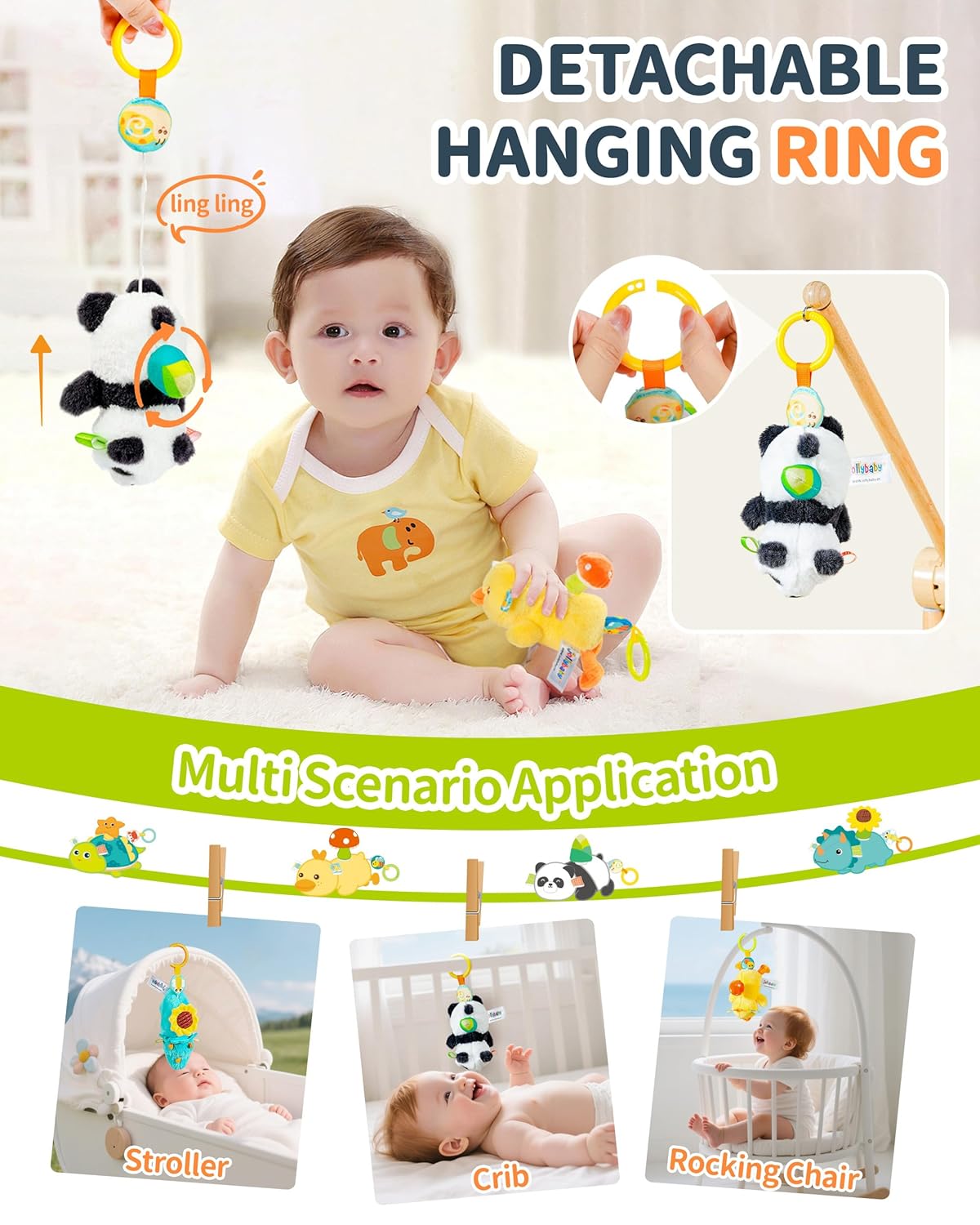 Jollybaby Baby Rattles & Soft Plush Spinner Toy for Babies 0-3-6-12 Months, Sensory Developmental Toys for Newborn 0-2-4-7-8-9 Months, Baby Shower & Birthday Gifts - Duck