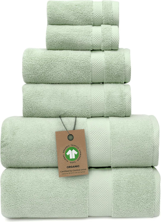 100% Organic Zero-Twist Cotton Towels - GOTS Certified Luxury Bath Towels - Ultra Soft & Plush 700GSM Long-Staple Cotton - 6 Piece Towel Set (Eucalyptus Green)