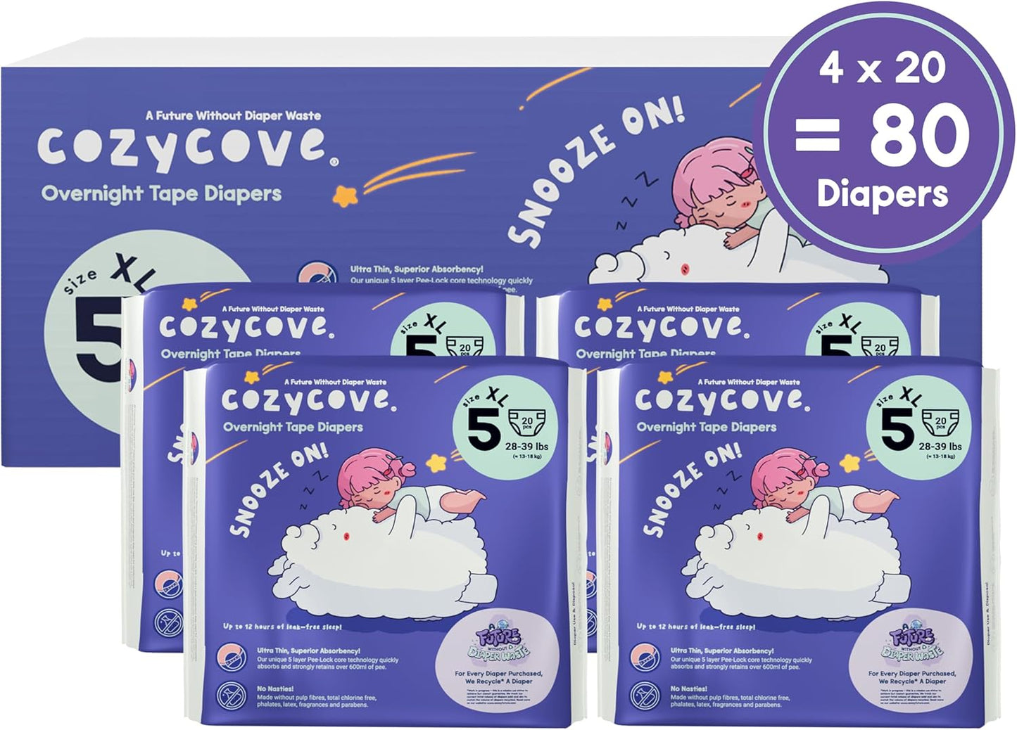 Cozycove Size 5 Diapers, Snooze On Slim Overnight Tape Diapers, Size 5 (28-39 lbs), 80 Count (4 Packs of 20)