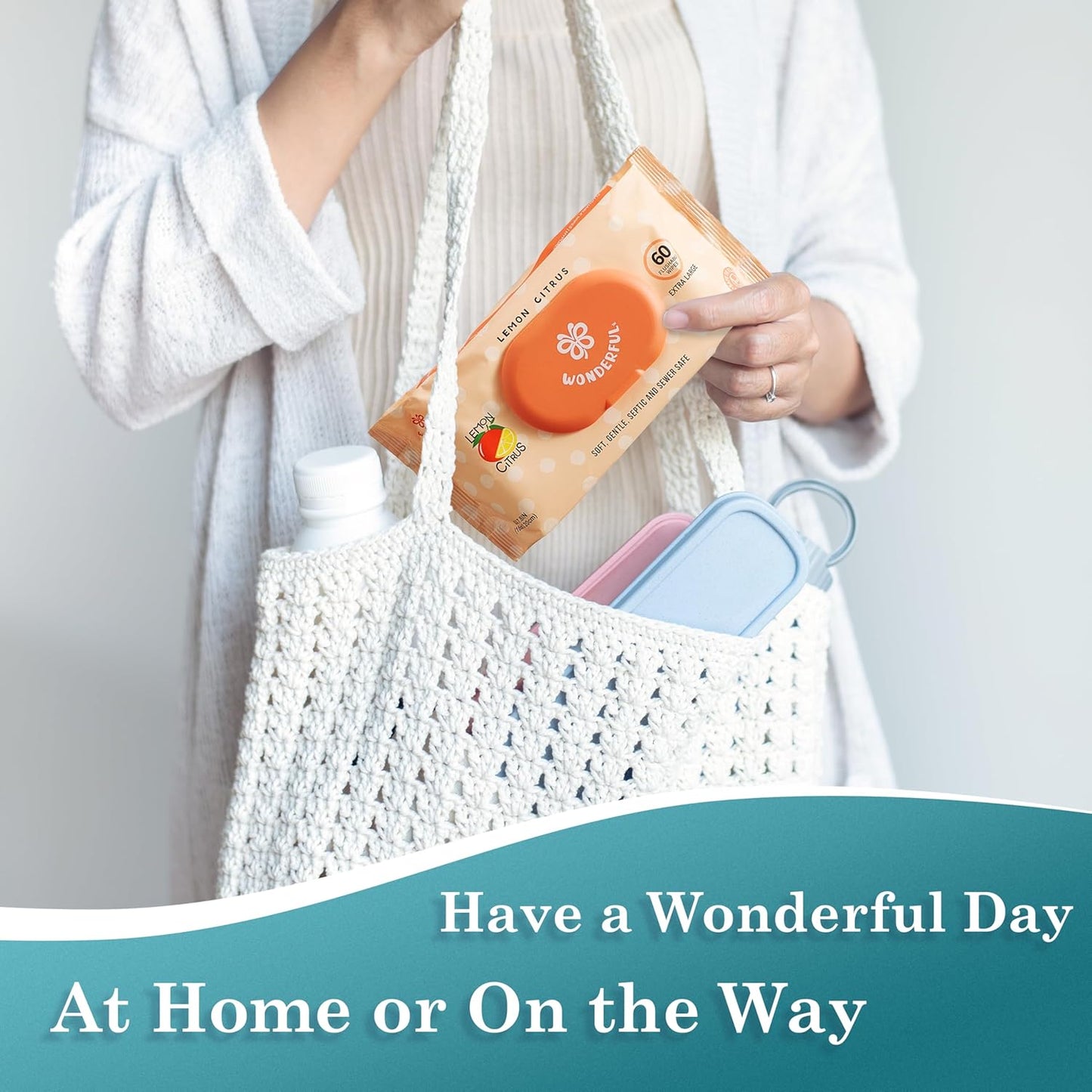 WONDERFUL Flushable Butt Wipes, Lemon Citrus 100% Plant-Based Wet Wipes for Adults & Kids; Sewer, Septic Safe; Gentle for Sensitive Skin, Wipes Flushable Pack for Bathroom & Travel, 3-Pack (180 Wipes)