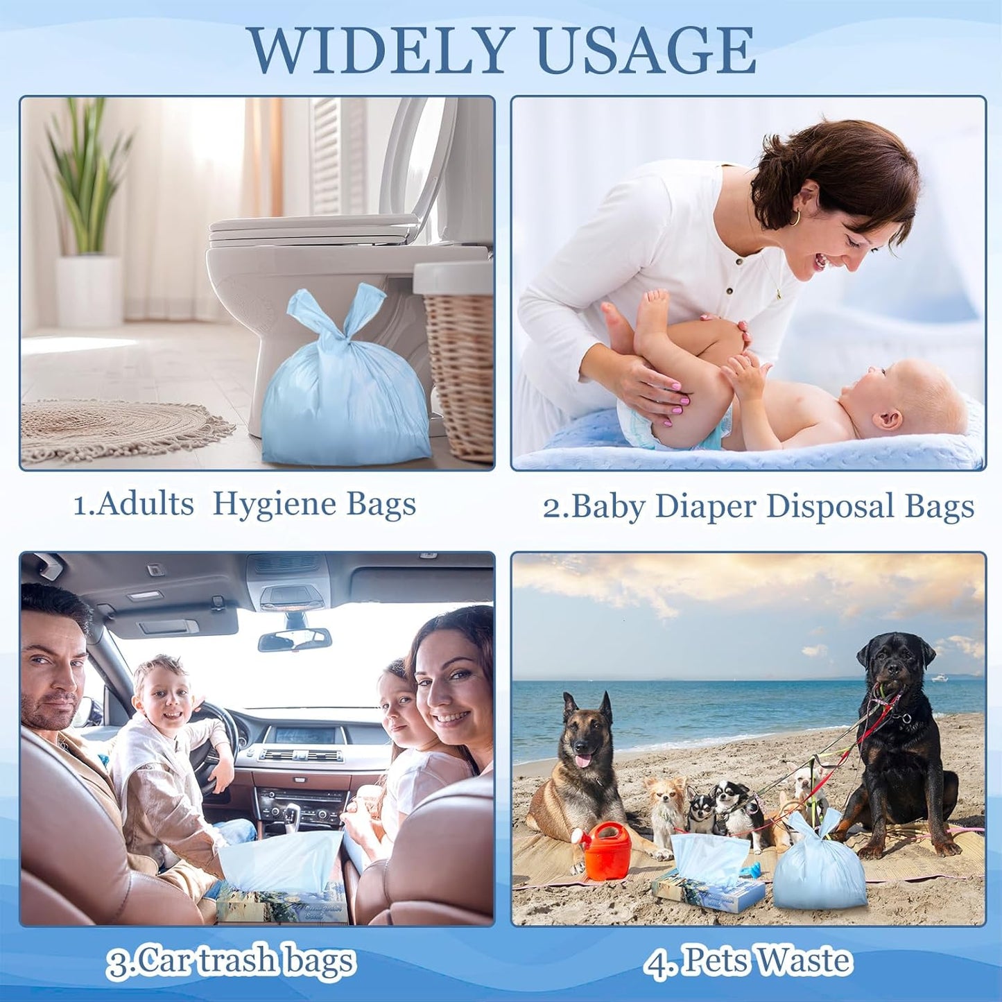 200 Count Ocean Water Scented Small Trash Bags Small Diaper Baggies for Adult Briefs Feminine Hygiene Baby Diaper Disposable Bags Pet Waste Sacks with Easy-to-tie Tabs