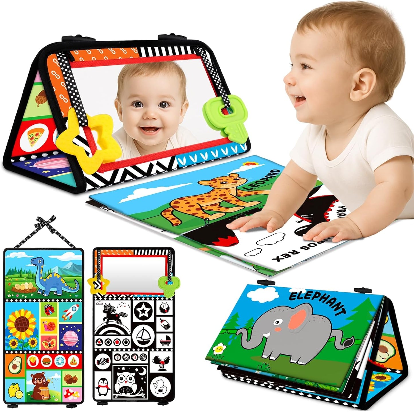 Baby Toys 0-6 Months - Tummy Time Toy Black and White High Contrast Newborn Toys - Baby Mirror with Cloth Book Teether - Montessori Sensory Crinkle Toy for Infant 0-3-6-12 Month Boy Girl Shower Gifts