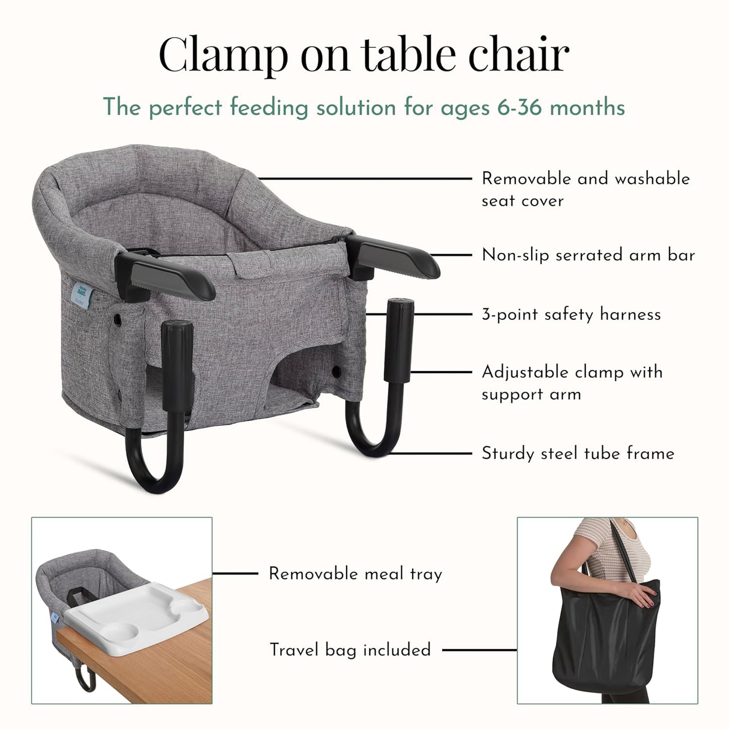 Evolur Clamp-On Comfort Table Chair | Removable & Washable Seat Cover, Dishwasher-Safe Tray, Foldable Design with Carry Bag | Portable High Chair for Babies & Toddlers (6–36 Months)