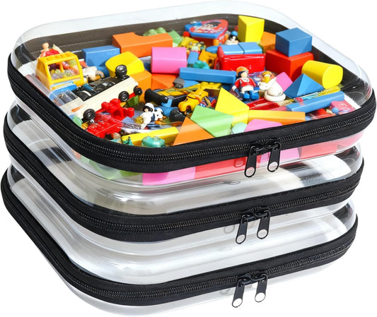 3PCS Clear Hard Plastic Zipper Case, Double Zippers Hard Pouch, Portable Travel Organizer Bin Clear Makeup Bag for Toy Storage, Snack Bag, Cosmetics, Pencil Case, Diaper Bag, Toiletry Bag