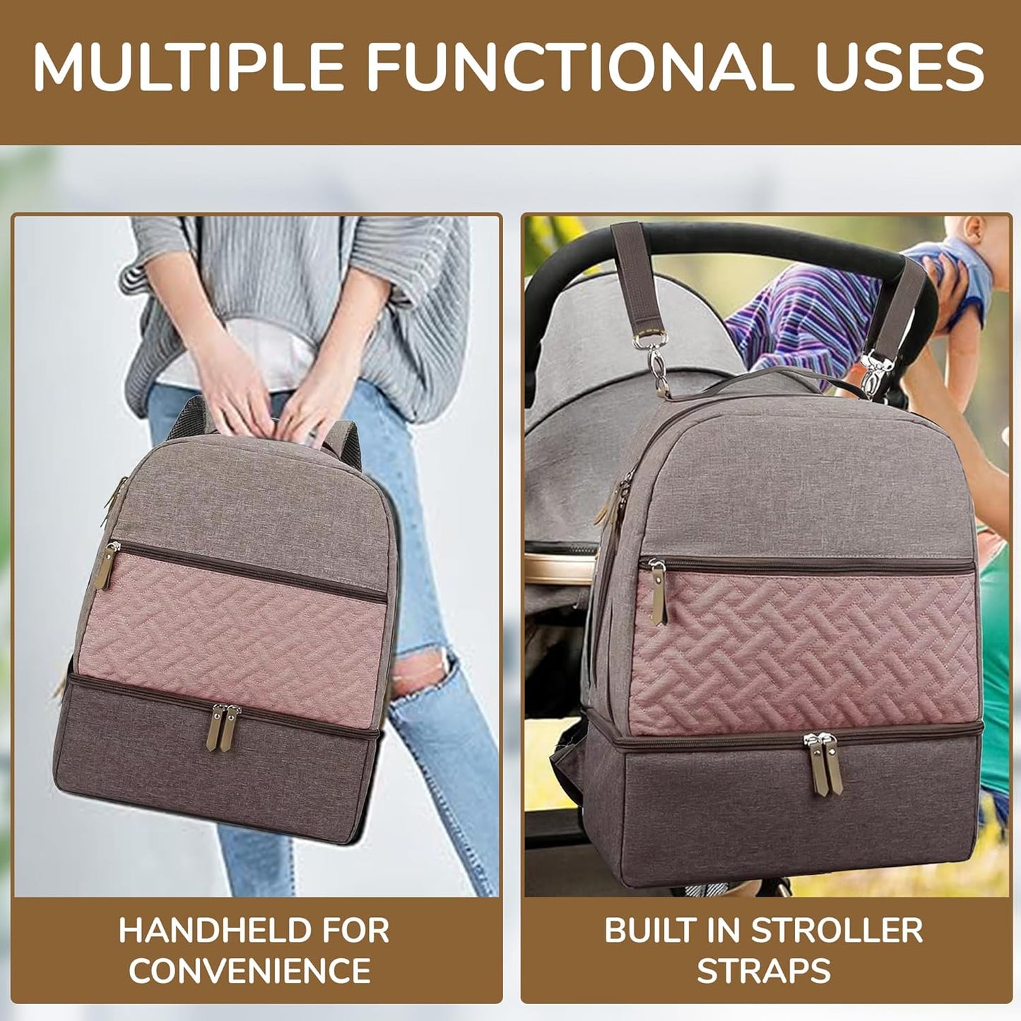 Village of Many Baby Diaper Bag Backpack - Multi-Function Waterproof Baby Bag,Medium Capacity Maternity Backpack with Insulated Pockets-Stylish&Durable Diaper Bag-Unisex, Gifts for Mothers (Rose&Grey)