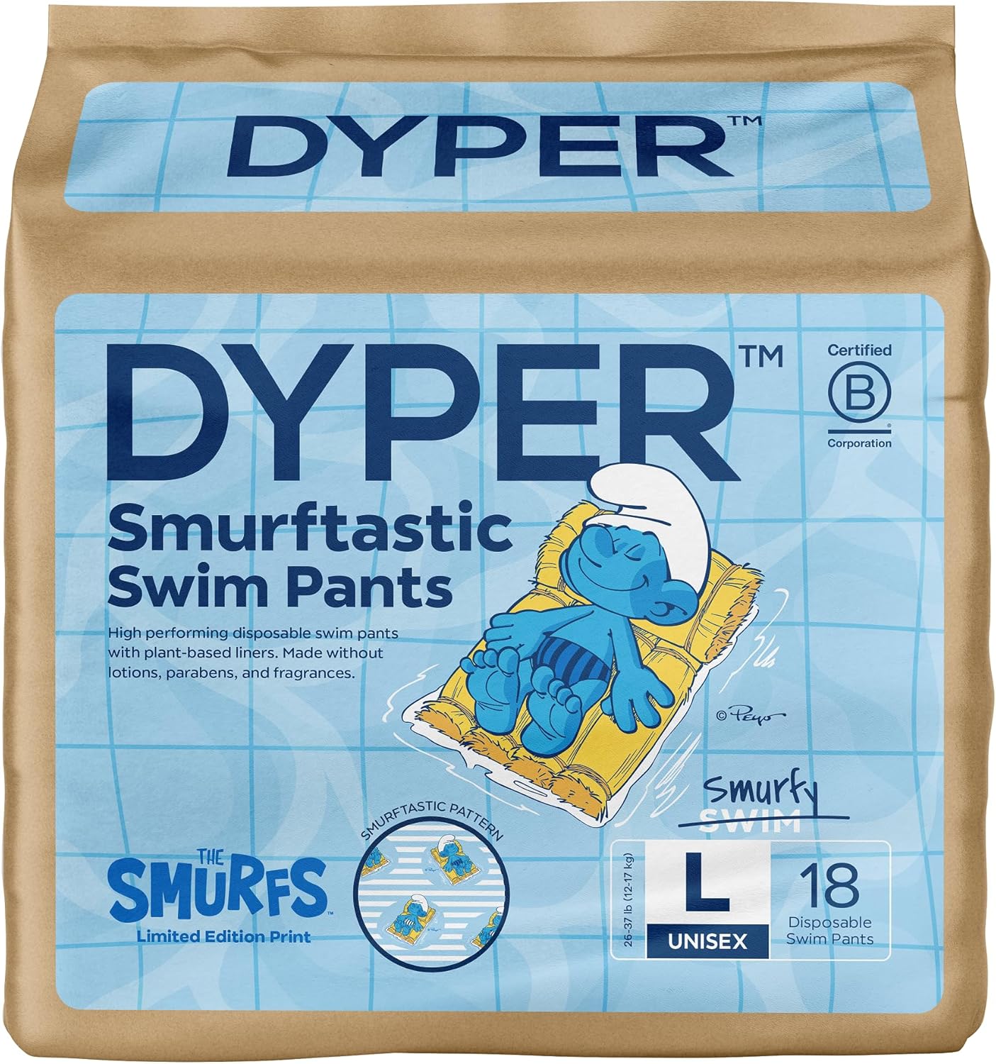 DYPER Smurftastic Baby Swim Diapers, Hypoallergenic Plant-Based Disposable Swim Diapers | Eco-Friendly & Absorbent Swimming Diapers for Babies, Size L (18 Count)
