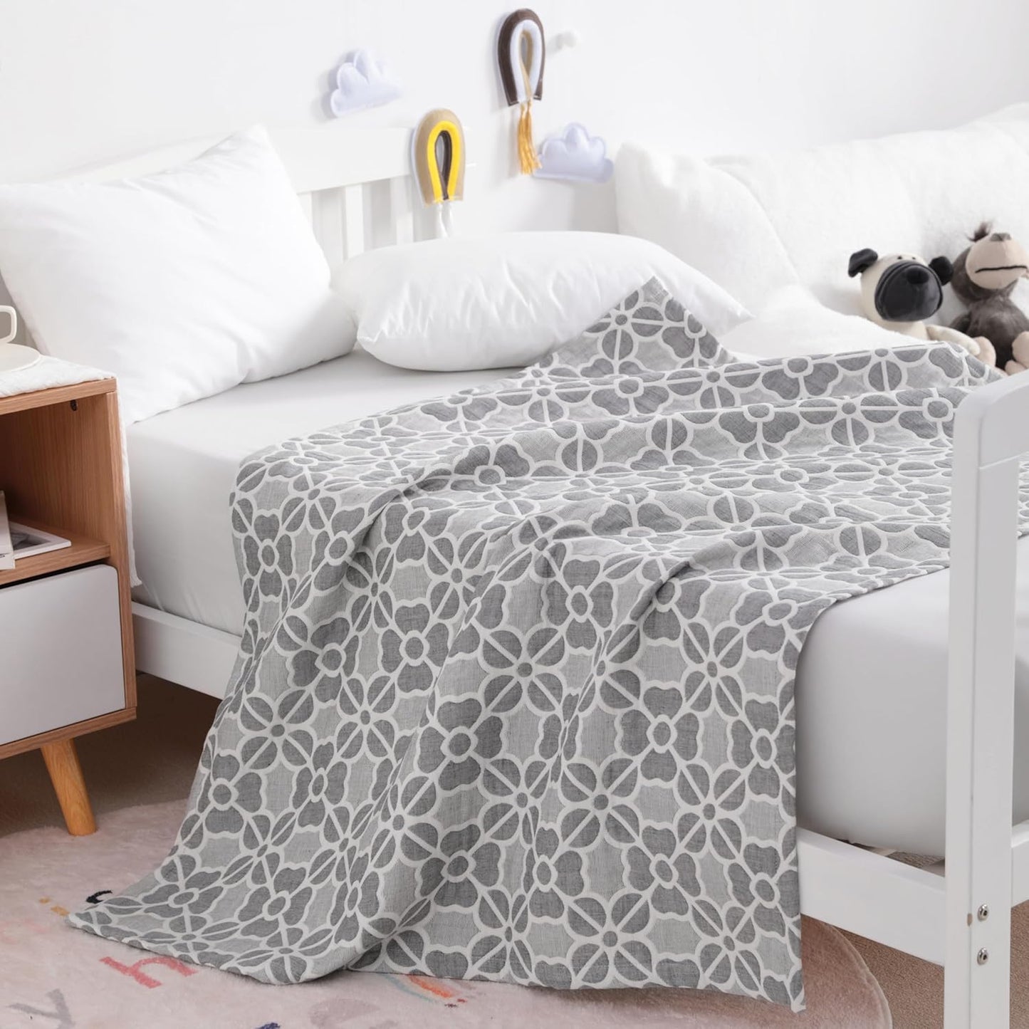 NTBAY 3 Layer Toddler Blanket, Muslin Cotton Jacquard Bed Blankets, Lightweight Thermal Baby Blanket, Super Soft and Warm Crib Blanket for All Seasons, Decoration Gift, 30"x40", Grey Clover