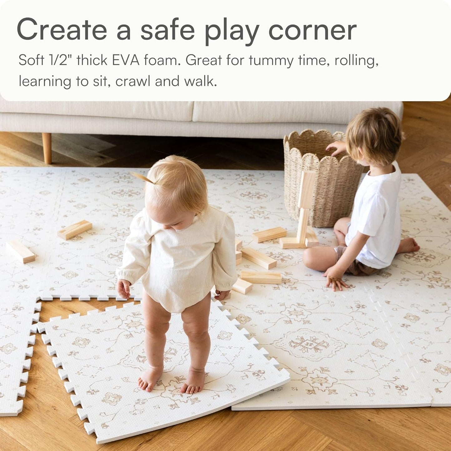 Lillefolk Baby Play Mat for Floor – 6x6ft Vintage Vanilla | Soft Non Toxic Premium EVA Foam Tiles for Tummy Time, Crawling & Playroom – Waterproof Floor Mat for Babies & Toddlers (9 Tiles)