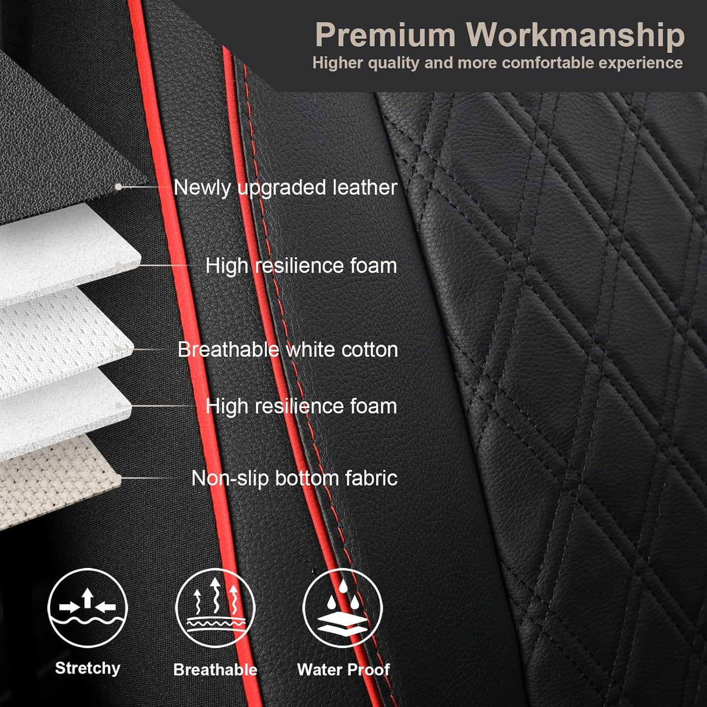 GIANT PANDA Front Car Seat Cover for Kia, Piping Leather Bucket Seat Protectors Waterproof, Custom Fit Kia Sorento Sportage Forte Telluride K5 Seltos Soul Optima Carnival (2 Pack Black+Red Line)