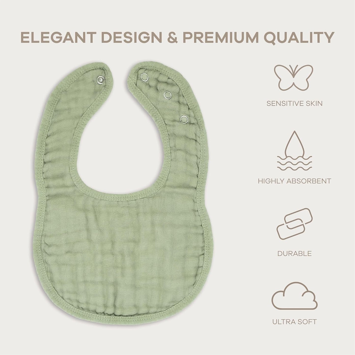 Comfy Cubs Muslin Bibs for Babies, Pack of 4 - Soft and Highly Absorbent, Feeding, Drool and Teething Bib, Adjustable Snaps - Stylish & Colorful Unisex Designs, Giftable Set - Sage