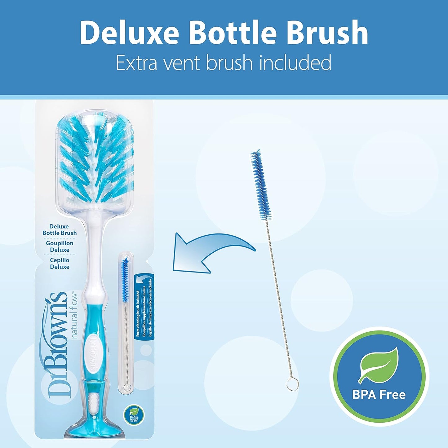 Dr. Brown's Deluxe Bottle Brush, Cleaning Brush for Baby Bottles, Nipples, and Sippy Cups with Suction Cup Stand & Bonus Brush, BPA Free