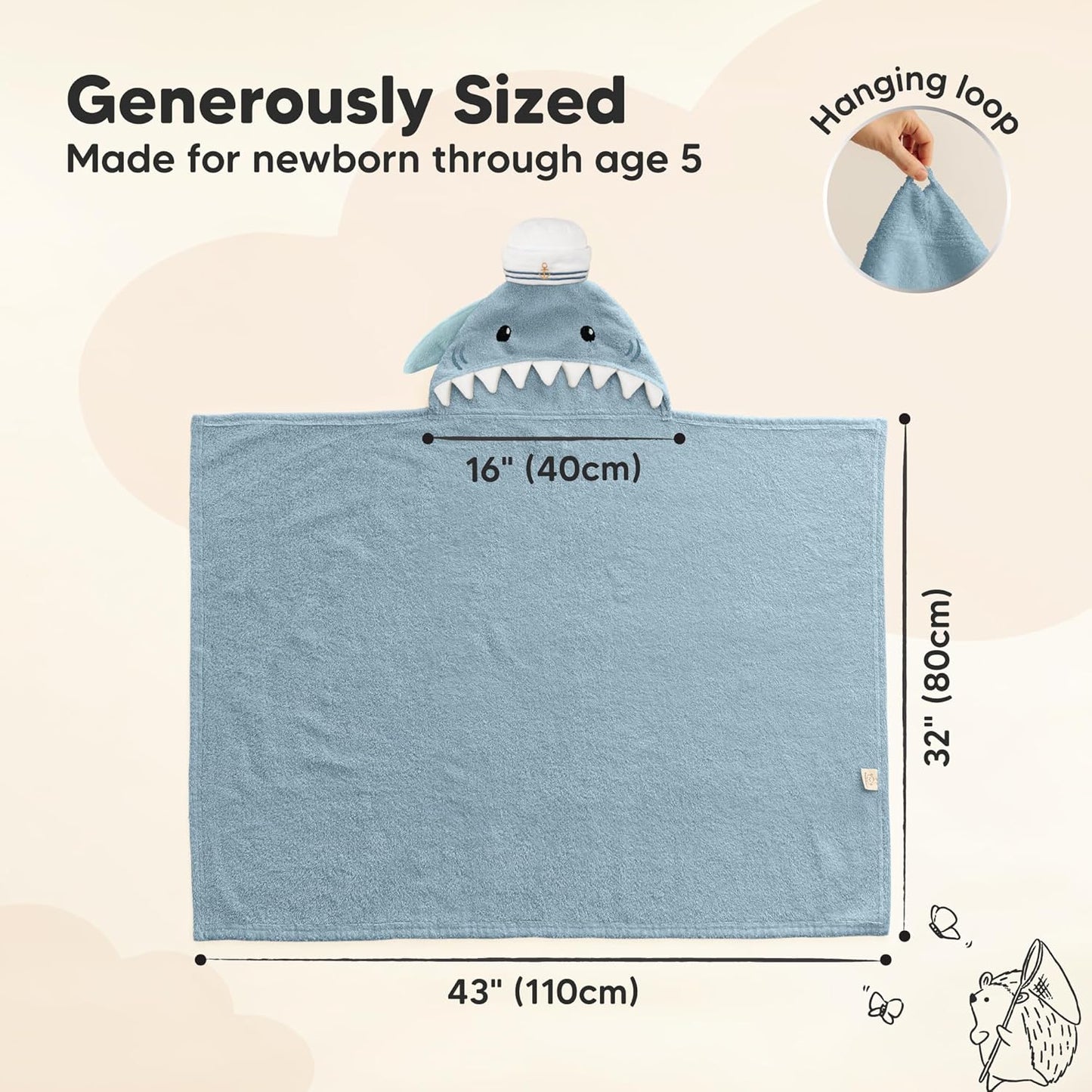 KeaBabies Organic Baby Towel with Hood for Girls, Boys - Soft, Absorbent, 100% Cotton Hooded Baby Towels for Newborns, Infants, Large Hooded Bath Towels for Babies, Kids, Toddler 1-3 (Skipper)